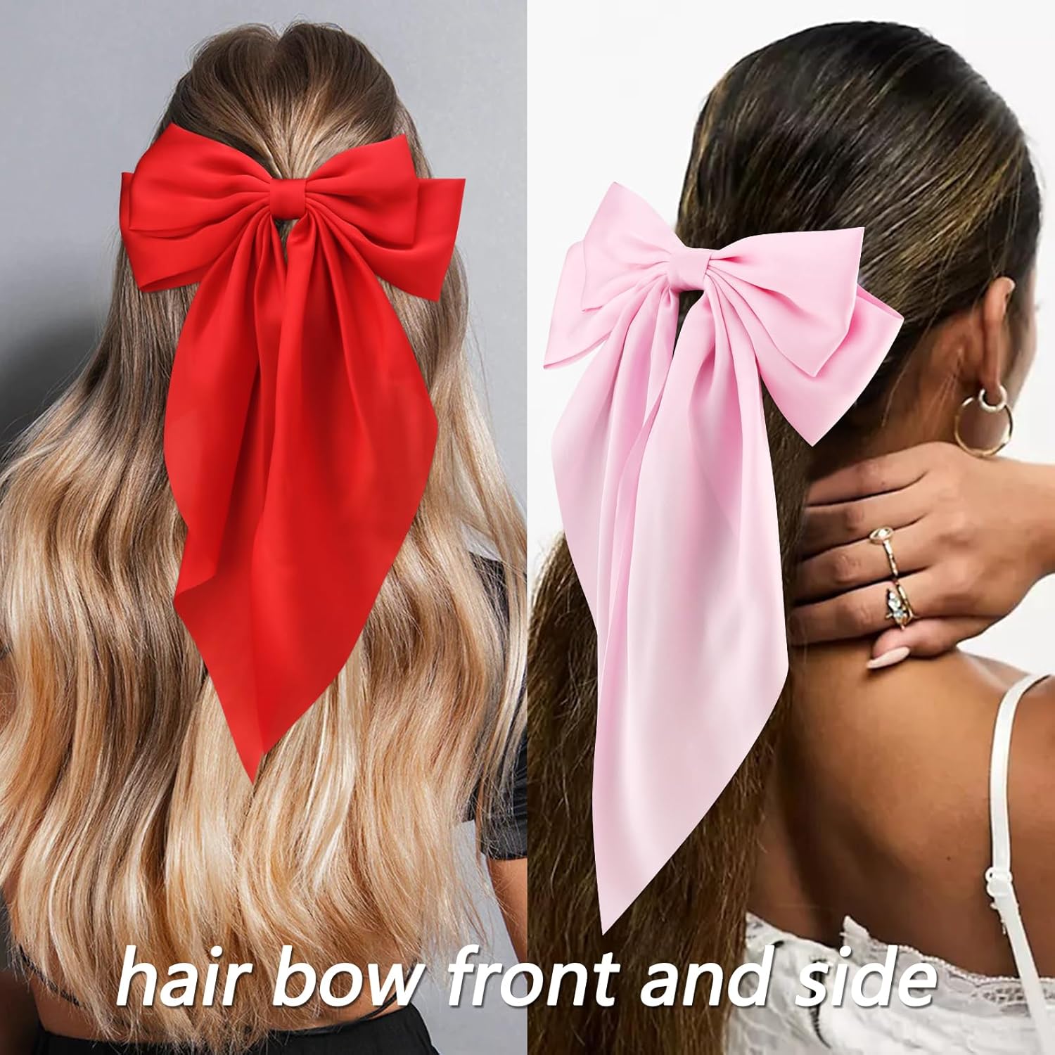 Velscrun Black White Pink Red Hair Bows for Women Girls, Silky Satin Large Coquette Bow, Oversized Hair Ribbons 4Pcs Big Bows Clip Long Tail Bowknot Hair Barrettes Christmas Bow Accessories - Image 2