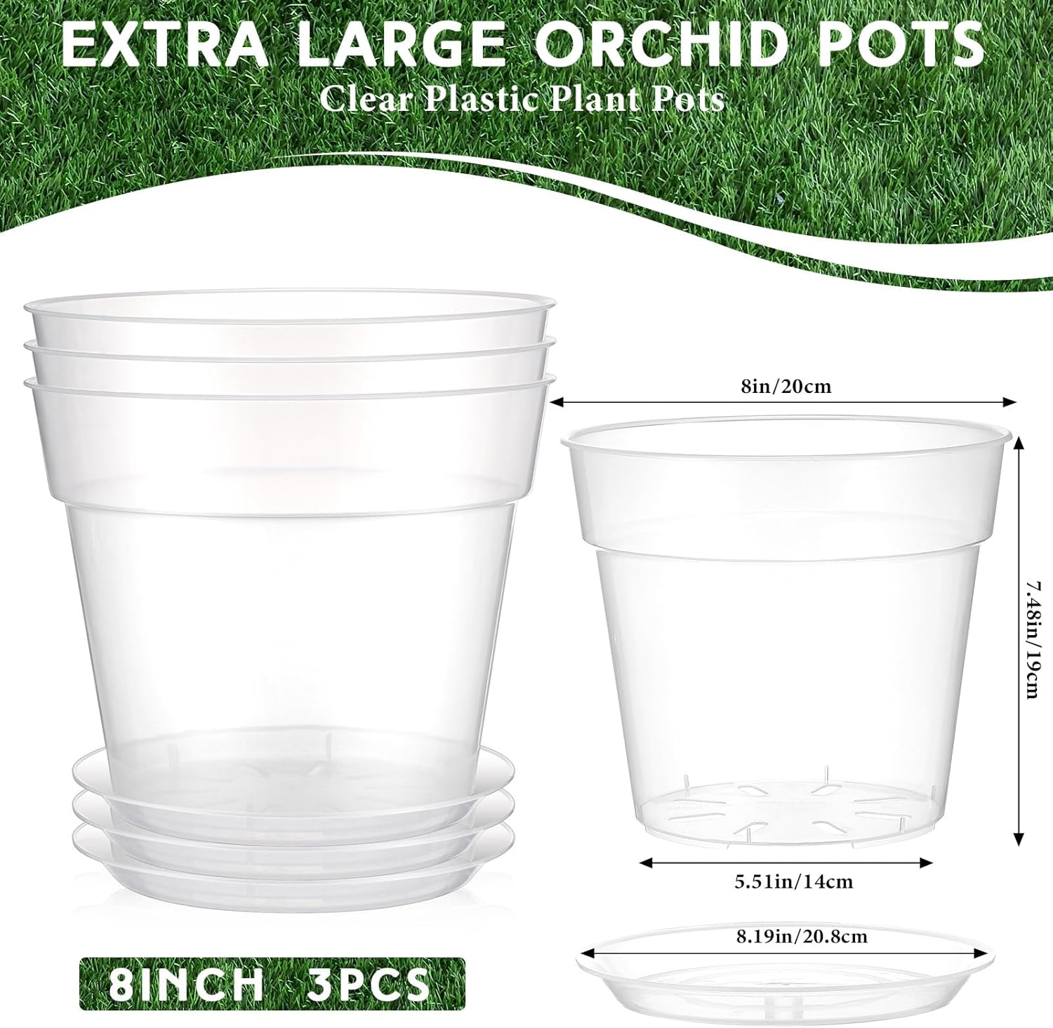 (Incomplete)Baderke 3 Pack Clear Nursery Pot Plastic Nursery Pot Large Plant with Drainage Holes for Root Health Indoor Outdoor (8 Inches) 3 8 Inches