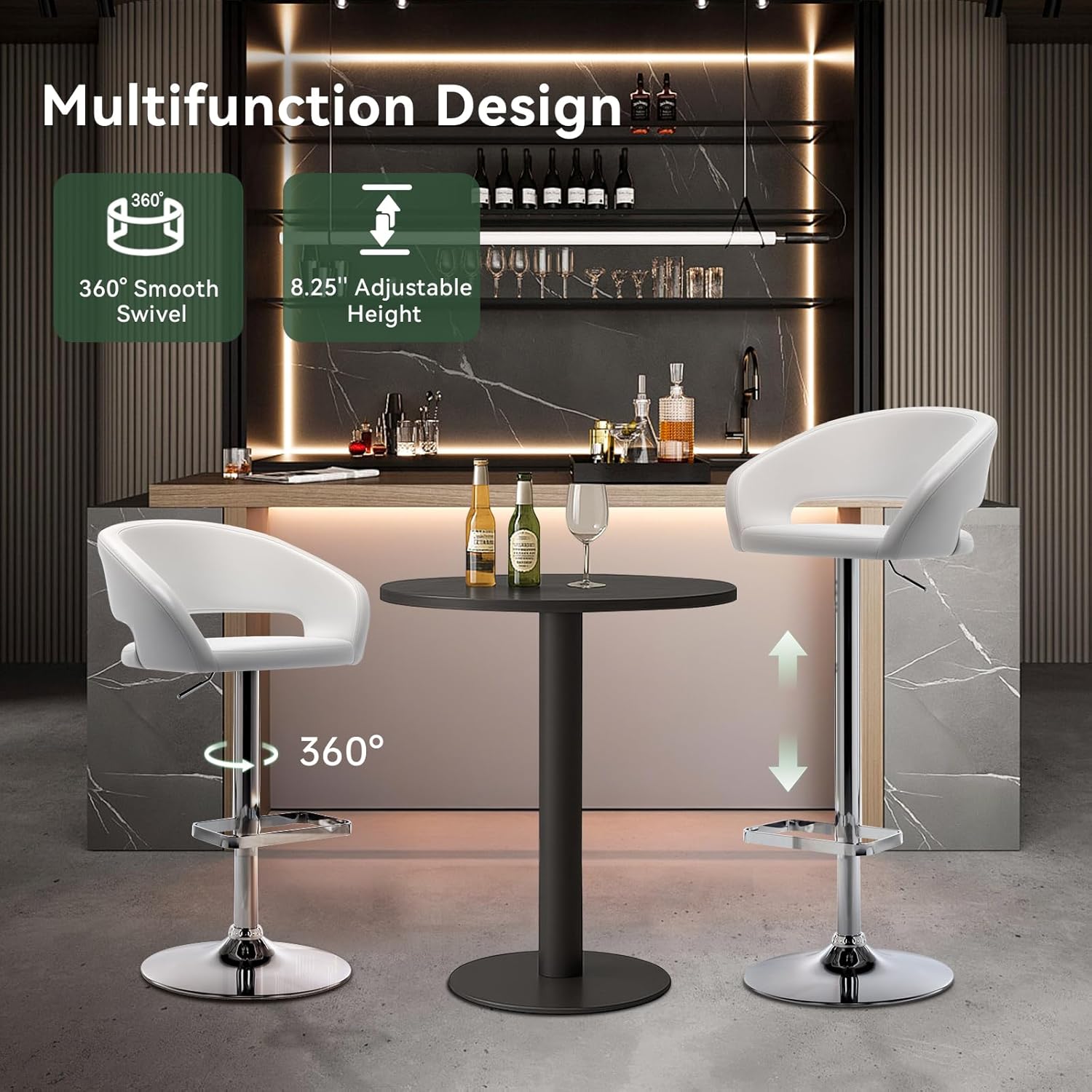 Adjustable Swivel Bar Stool with Arms, Hollow Back & Footrest, Modern PU Leather Counter Height Stools, Gas Lift Bar Chair for Kitchen Island, Home Bar, Dining Room (Pearl White, Chrome Base)