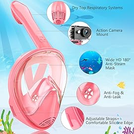 Kids Snorkel Mask Full Face, Snorkeling Gear for Kids 2-14 with Camera Mount, 180 Degree Panoramic View Snorkeling Set Anti-Fog Anti-Leak (Pink)