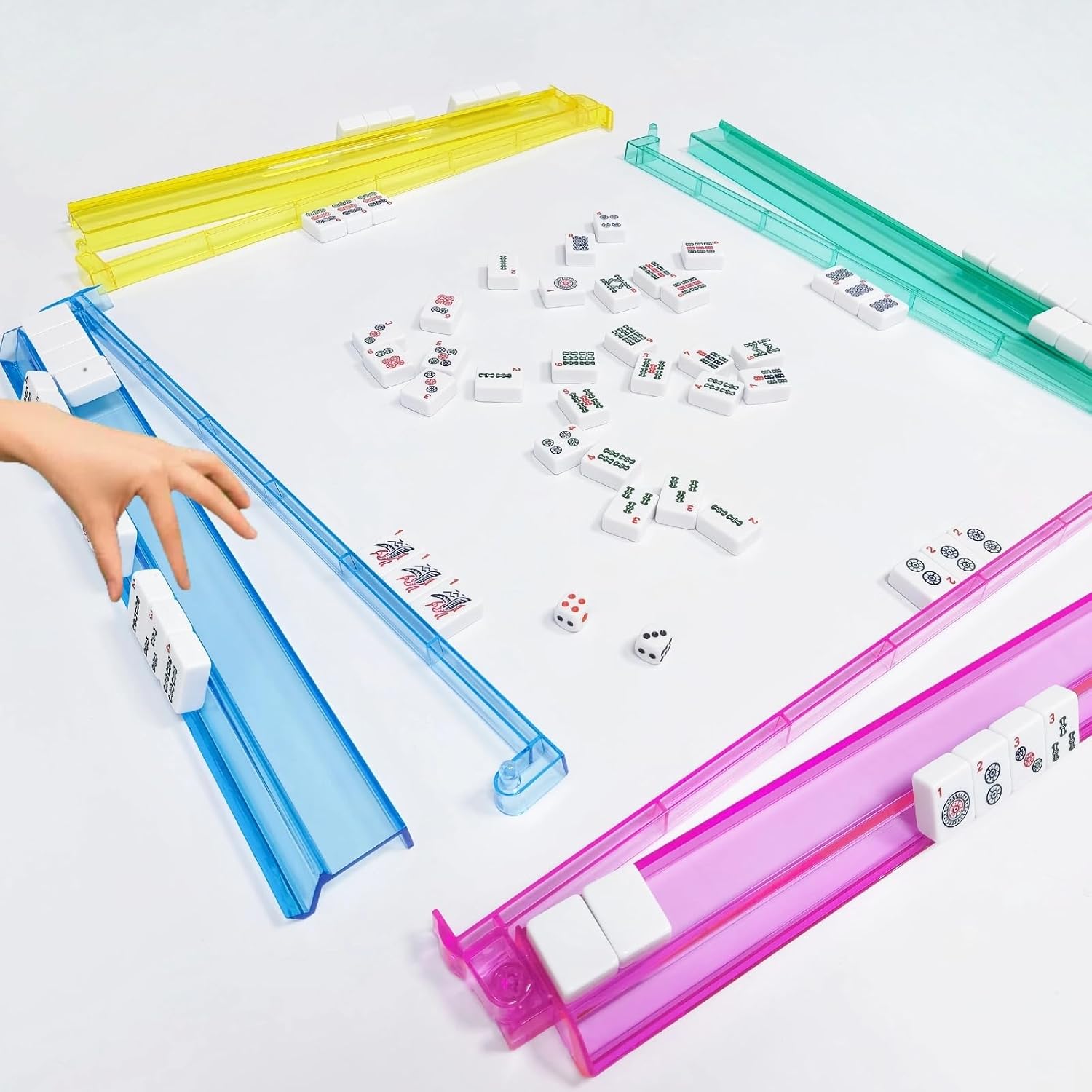 clear mahjong racks with pushers – long-lasting tile holder set of 4 with bonus dice, multi-color trays for american mahjong, game nights, clubs, or travel