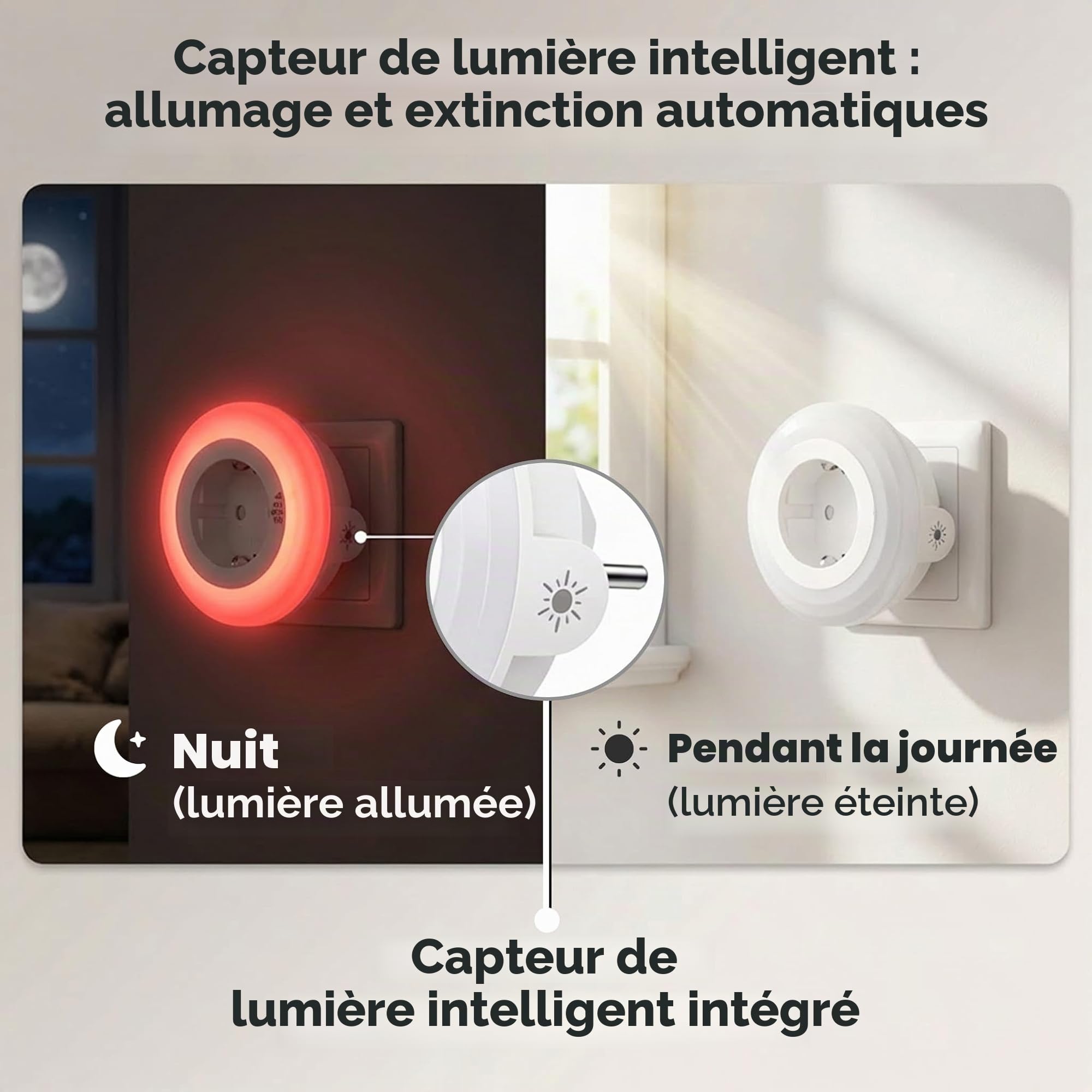 Veilleuse Rouge Mélatonine Prise Électrique – Capteur Lumière Automatique – 0% Lumière Bleue – Luminosité Réglable – Sommeil, Bébés et Allaitement – ON/AUTO/OFF – Pack 2