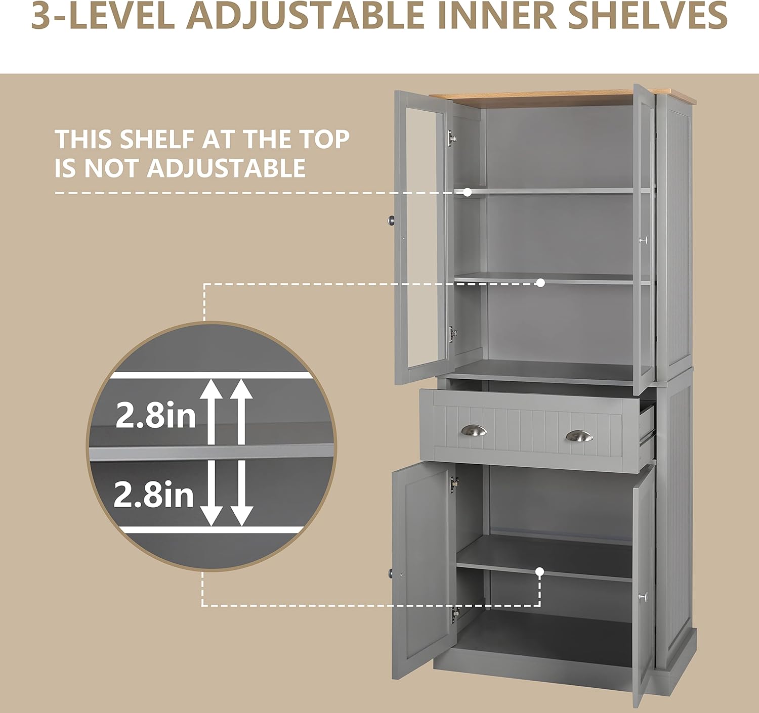 Kitchen Pantry Storage Cabinets, 72" Traditional Freestanding Storage Cupboard with Glass Doors, Tall Kitchen Storage Cabinet with Large Drawer, Grey
