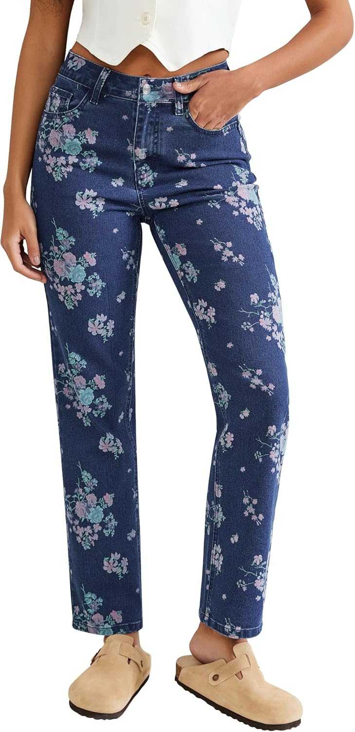 luvamia Straight Leg Jeans for Women Floral Printed High Waisted Trendy Cute Vintage Stretchy Denim Pants Boho Jeans