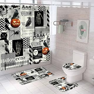 4PCS Vintage Halloween Shower Curtain Sets with Rugs, Waterproof Fabric Beige Shower Curtain, Spooky Skull Skeleton Pumpkin Black Cat Bat Crow Chevron Striped Patchwork Gothic Bathroom Decor