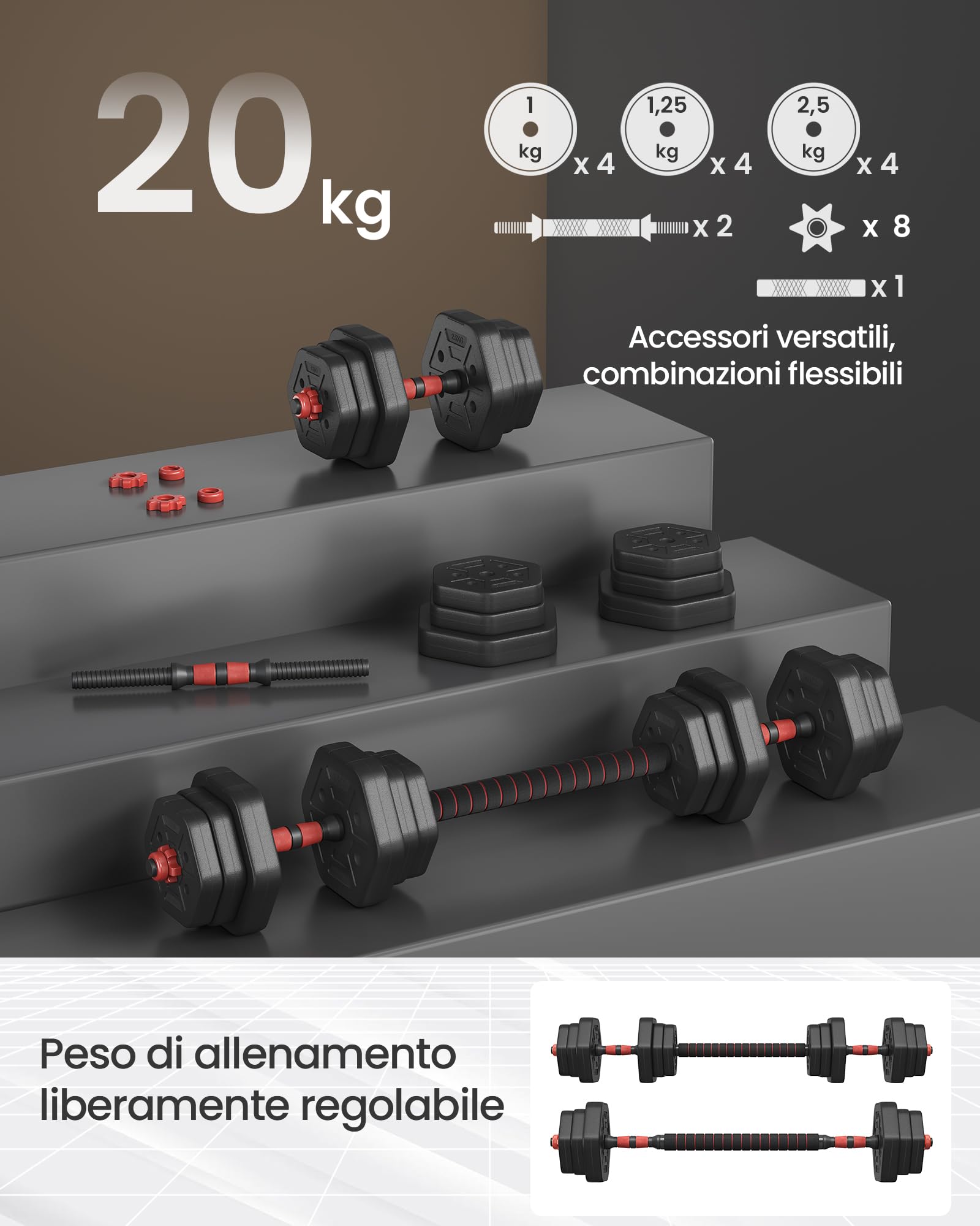 SONGMICS Set di Manubri con Barra di Collegamento, Manubri Corti, Peso Esagonale per Allenamento, Fitness, Sollevamento Pesi a Casa, Palestra