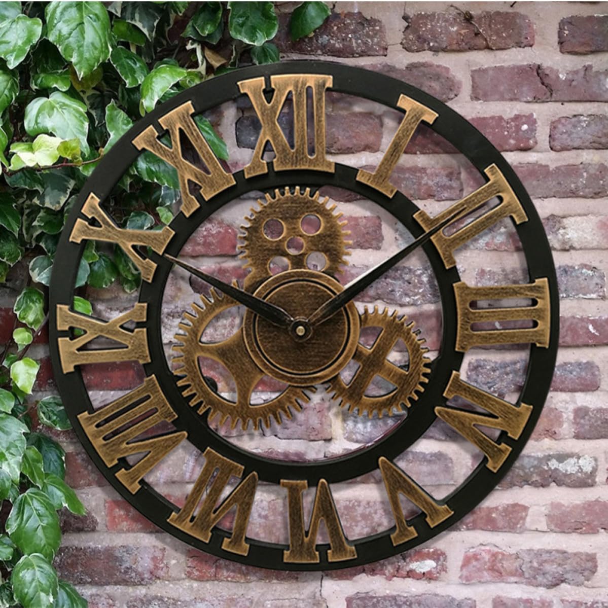 STOBAZA Reloj de Pared Industrial Engranajes Móviles Dorado, Diseño Silencioso sin Tic, Material Metal y Madera, Adecuado para Habitación Infantil o Estudio