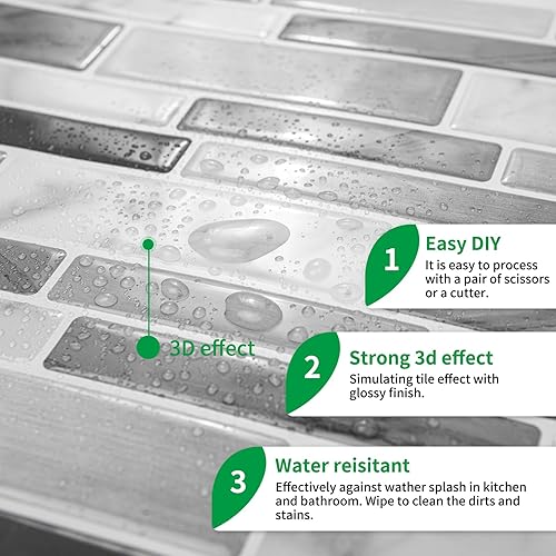 Miniatura 6 de LONGKING Azulejo de protección contra salpicaduras para cocina, azulejos adhesivos en la pared, baño (mármol gris)