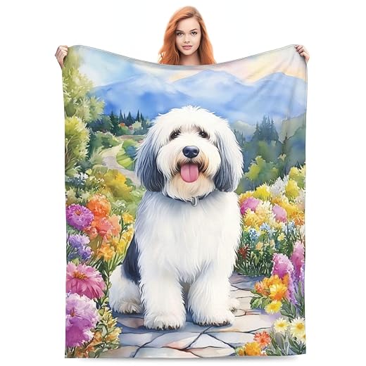 Old English Sheepdog Blanket Gifts for Kids Adults, Colorful Flower Puppy Flannel Throw Blanket Warm Lightweight Cozy Plush Blankets for Couch, Bed, Travel, Home, Living Room, Camping, Decor 60x50in