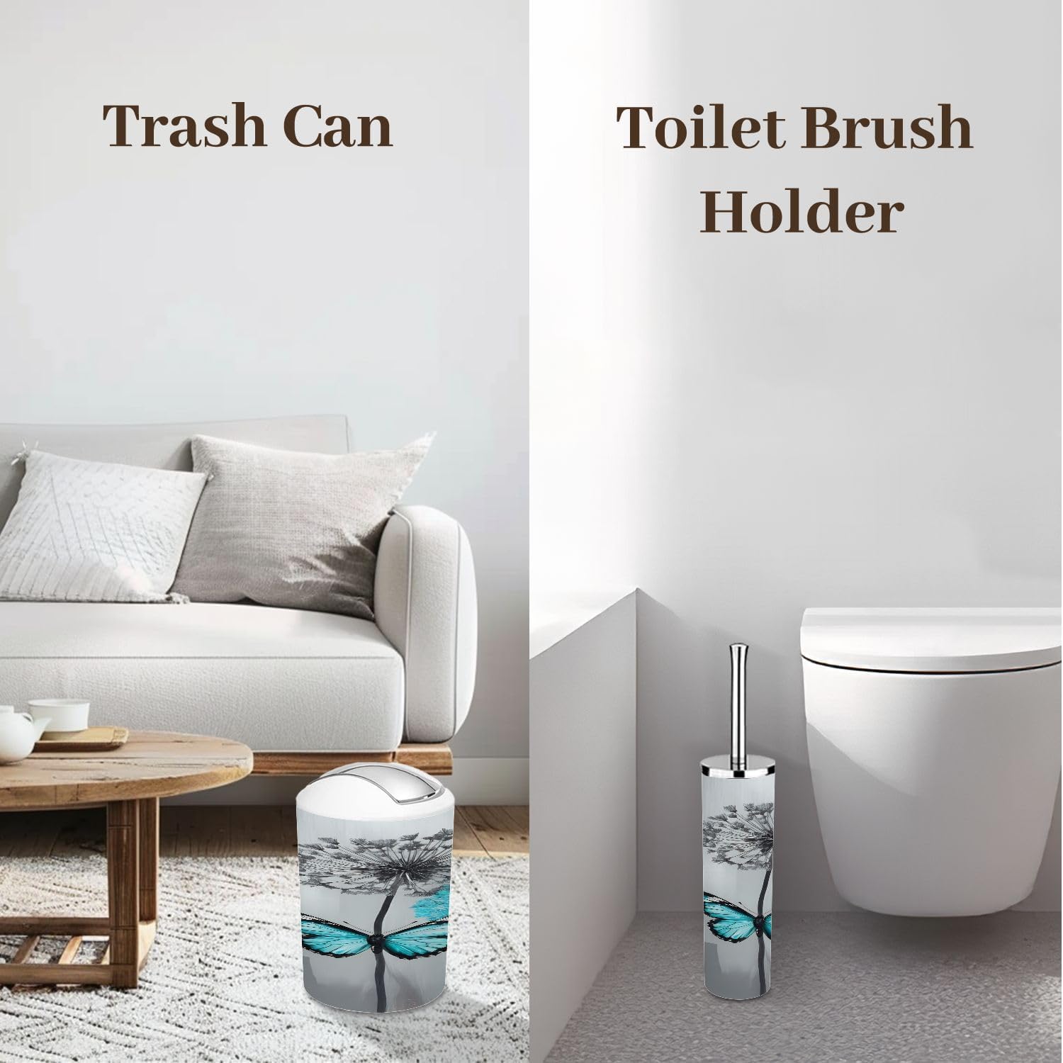 Bathroom Accessory Set 6 Piece Teal Dandelion Modern Teal Grey Aesthetic Butterfly Blue Accent Trash can, Toothbrush Holder, Toothbrush Cup, Soap Dispenser, Soap Dish, Toilet Brush Holder