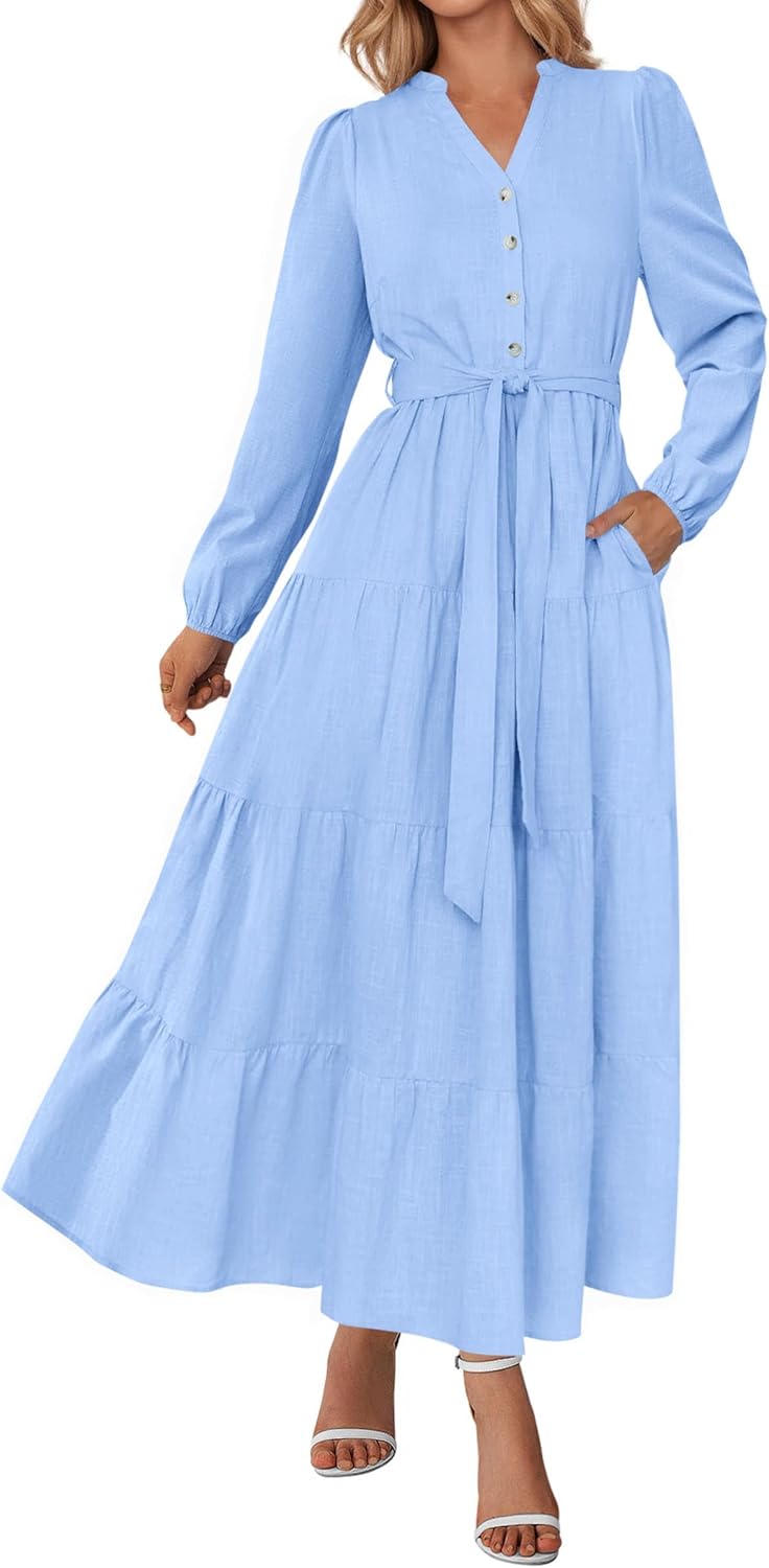 PRETTYGARDEN Maxi Dresses for Women Spring Long Sleeve V Neck Belted A Line Flowy Boho Wedding Guest Dress Pockets