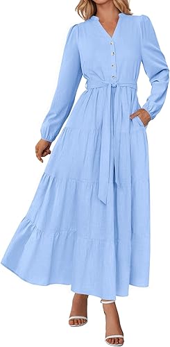 PRETTYGARDEN Maxi Dresses for Women Spring Long Sleeve V Neck Belted A Line Flowy Boho Wedding Guest Dress Pockets