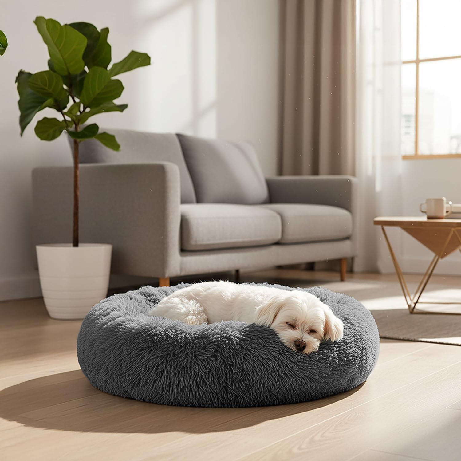 PetAmi Calming Dog Bed for Small & Medium Dogs and Cats, 23 Round Donut Dog Bed, Washable Fluffy Faux Fur Puppy & Cat Bed, Anti-Anxiety Plush Cuddler Pet Bed with Anti-Slip Bottom - Dark Gray