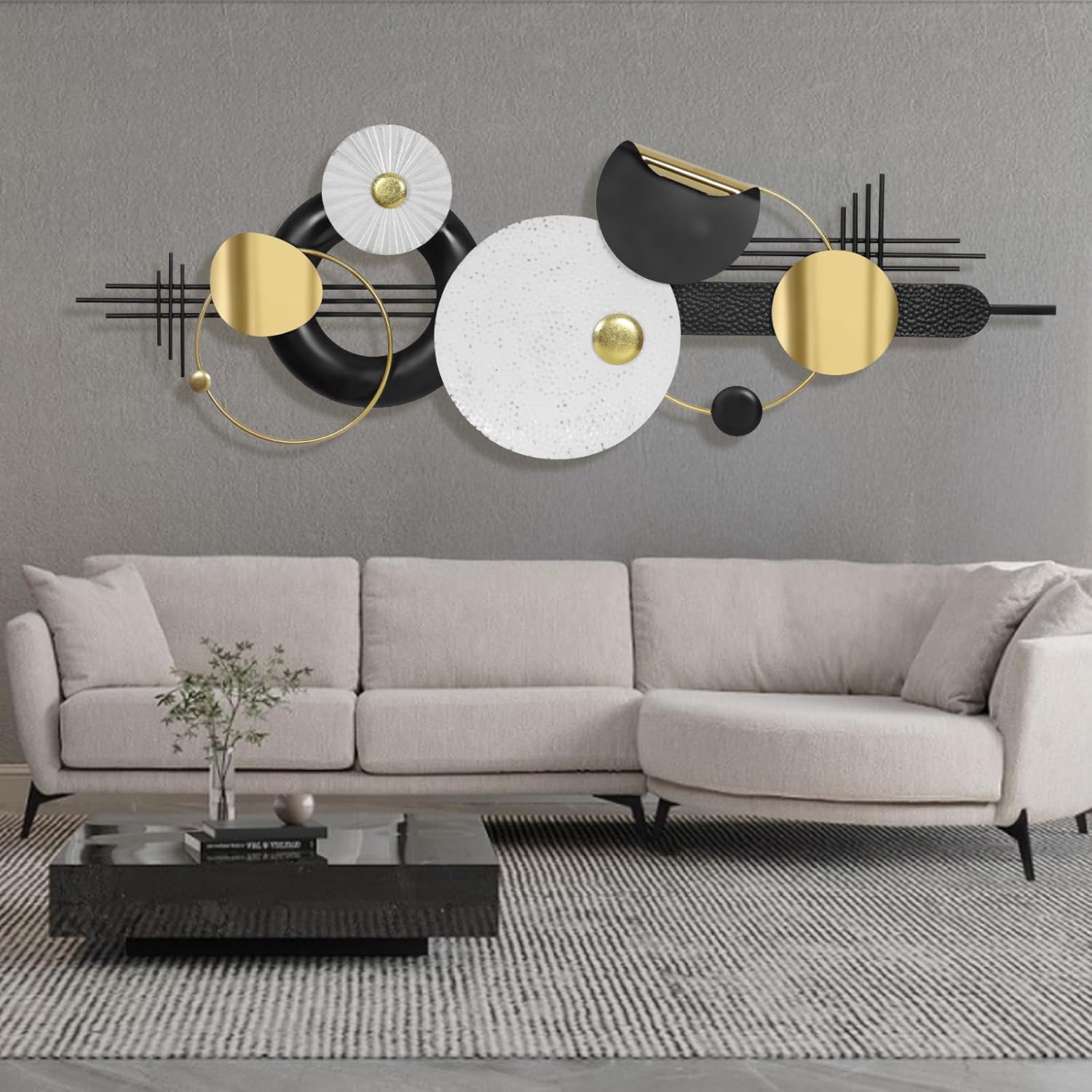 Lucky Large Modern Abstract Metal Wall Art Decor 59.1" x 21.3" Modern Geometric Abstract Wall Sculptures Circle Hanging Wall Decor for Indoor Outdoor Living Room Dinning Room Bedroom Entryway