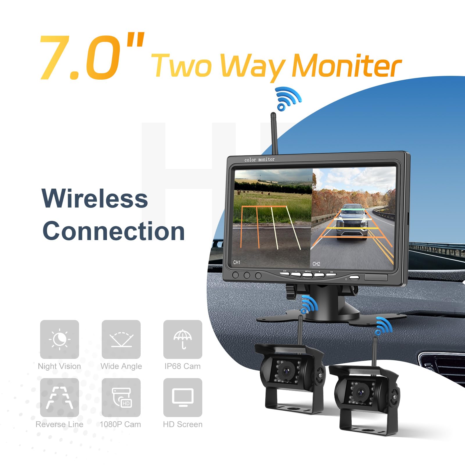 1080P 7 Pollici Digitale Senza Fili Telecamera Retromarcia Kit con 2 Telecamere Posteriore e Monitor IPS, per Auto Camion Camper 12V-36V con IP68 Impermeabile Avviso di Angolo Cieco, Visione Notturna