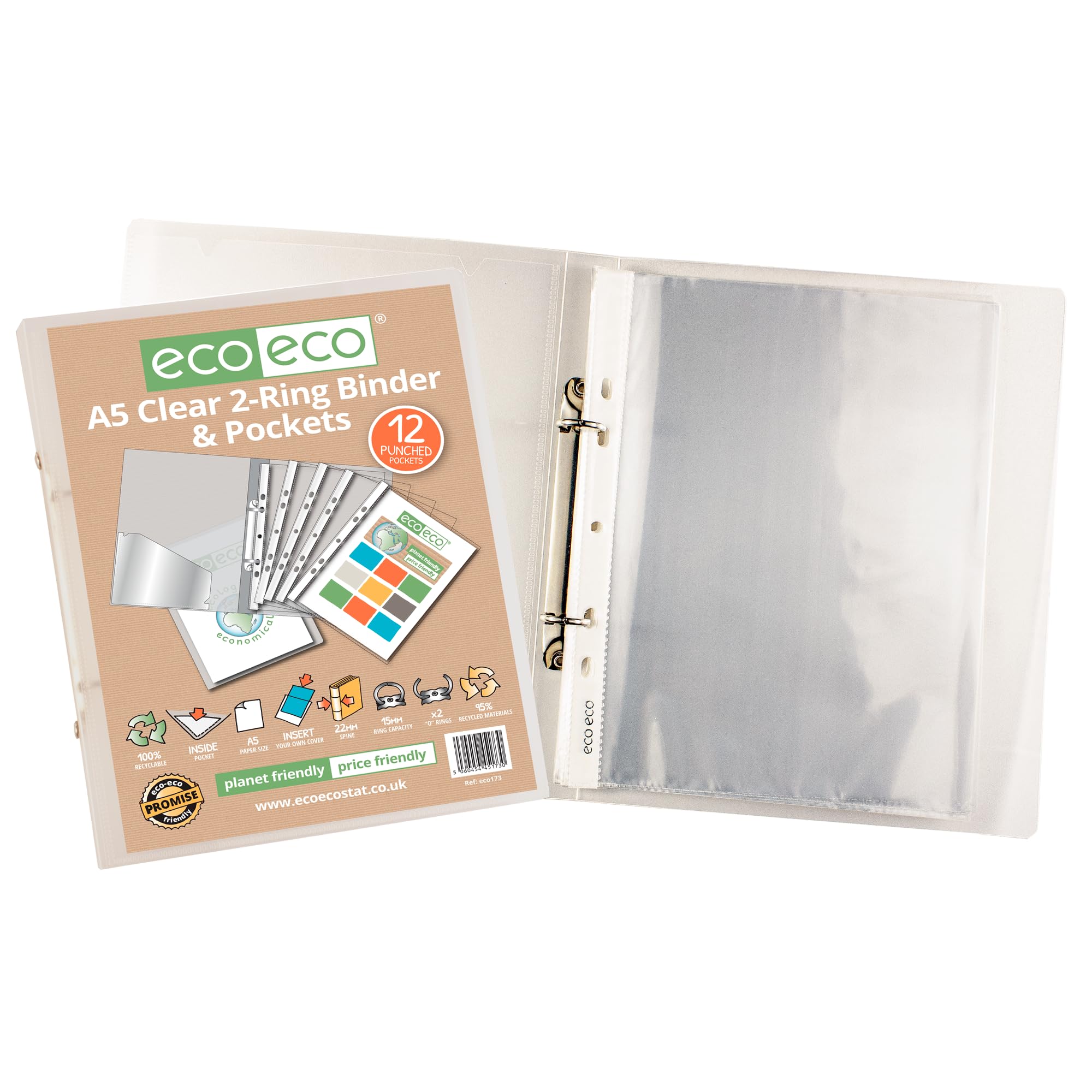 eco-eco Eco173x12 - Raccoglitore ad anelli formato A5, 65% riciclato, con 12 tasche multiforate, confezione da 12