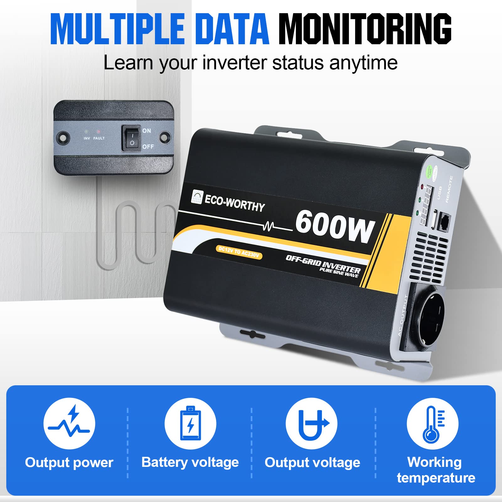 ECO-WORTHY 600 W 12 V-230 V AC Off-Grid Solar Inversor de onda sinusoidal DC con mando a distancia y fusible & para coche, autocaravana, camping vehículo y sistemas solares