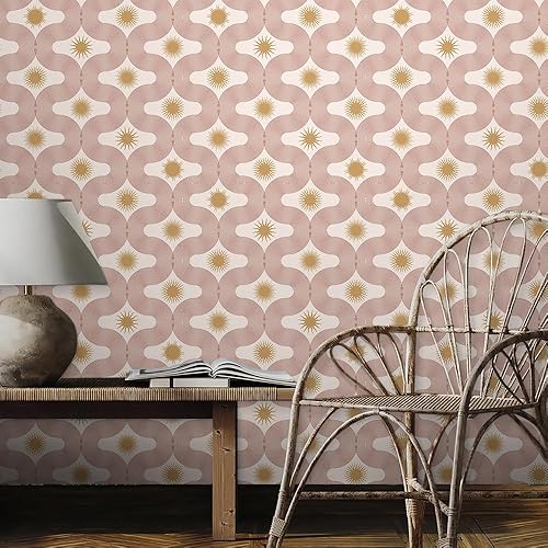 Miniatura 3 de REDAMANCY Papel tapiz bohemio de arte abstracto moderno, mosaico, sol, geométrico, despegar y pegar, papel de contacto, papel de pared vintage,