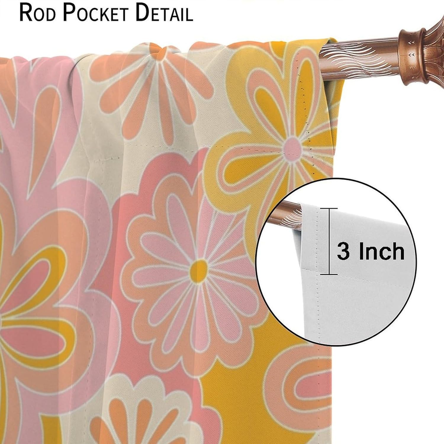 Floral Groovy Curtains Hippie 70s Flower Pattern Funky Style Floral Retro Country Farmhouse Style Window Treatment for Kitchen Bedroom Home Decor Blackout Window Drapes 42" W X 63" L