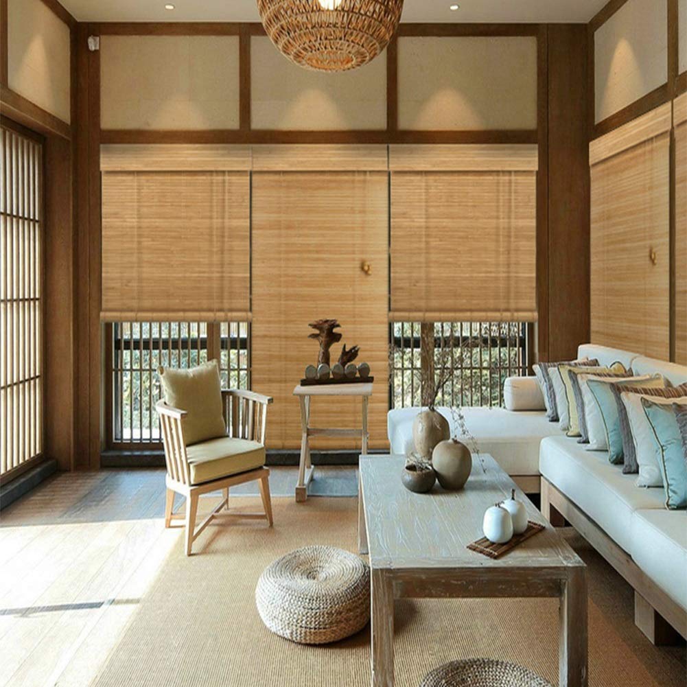 GDMING-Rideau De Bambou Store Enrouleur Balcon Système De Levage Câblé Fenêtres Filtrage De La Lumière Intérieur Meubles Protection Solaire Rideau 90% D'occultation, 49 Tailles