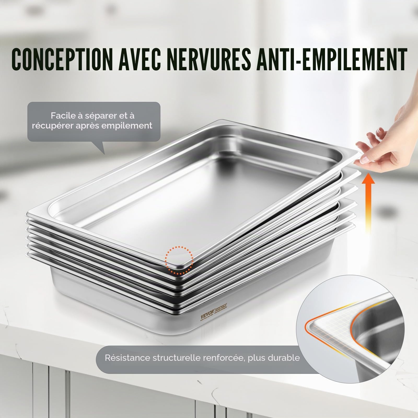 VEVOR Bac Gastronorme GN 1/1 Lot de 6, Récipient Inox pour Bain-marie 0,8 mm d'Épaisseur, Bac Inox Alimentaire 6,7 cm Profondeur, pour Fours à Convection, Réfrigérateurs, Stockage, Restauration