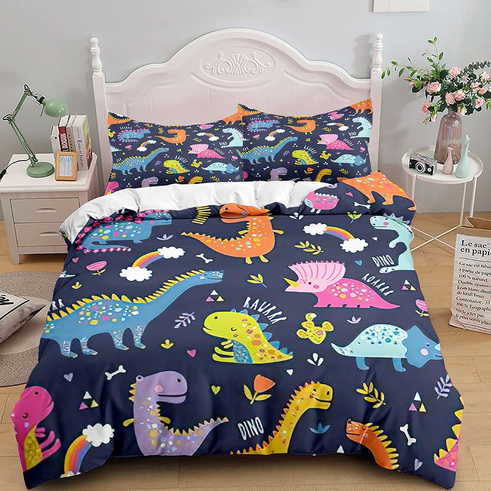 Dinosaurier Muster Kinder Bettwäsche,Niedlich Cartoon Bunter Dinosaurier Druck Bettbezug,Verspielt Dekorativ Betten Set für Jungen Mädchen (A, 135x200cm)