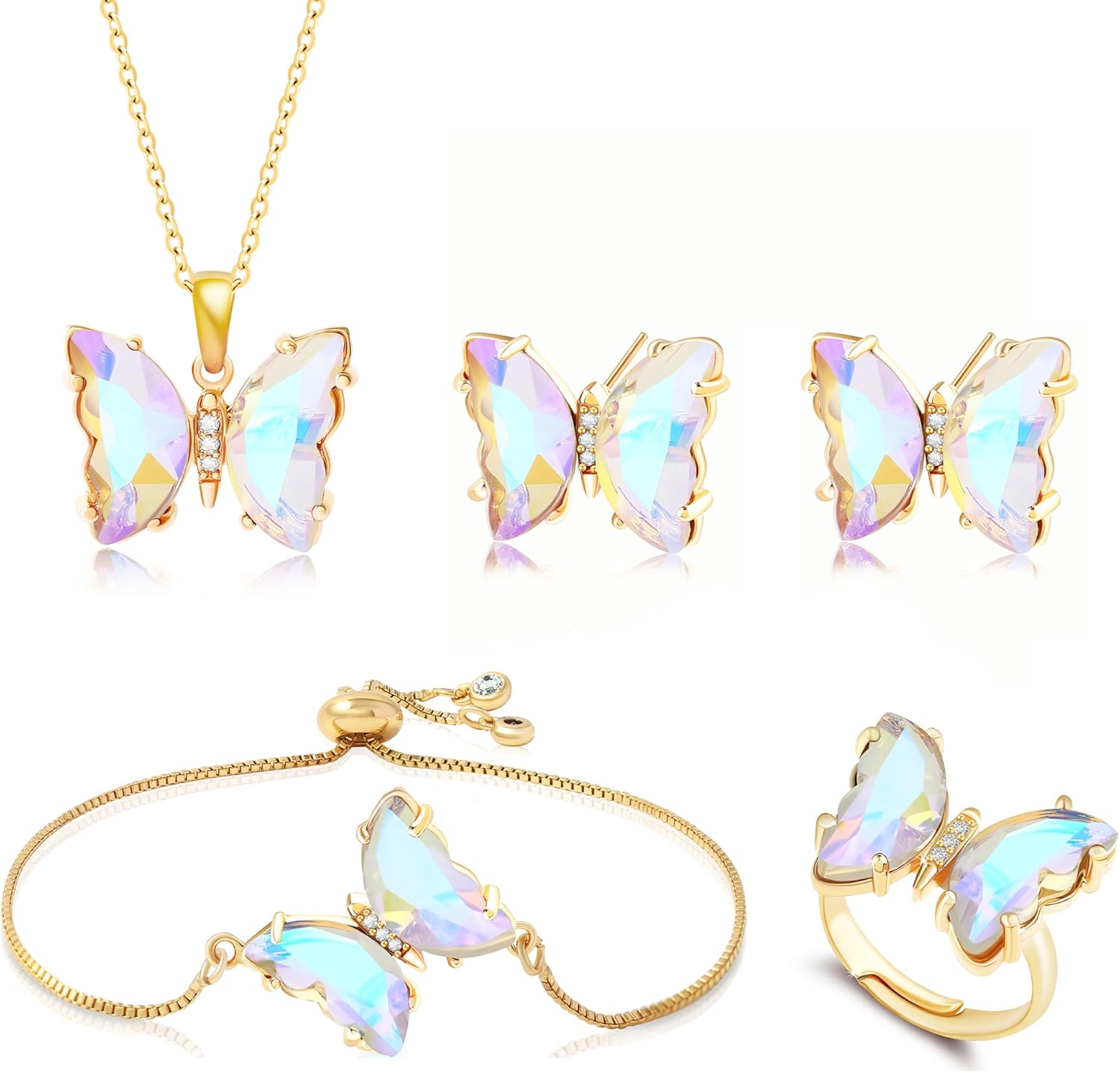 MISS RIGHT Butterfly Crystal Jewelry Set with Butterfly Necklace Stud Earrings Bolo Bracelet Adjustable Ring for Women Trendy, Iridescent Y2K Dainty Butterfly Jewelry Gifts