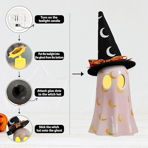Miniatura 5 de DAZONGE Decoración de Halloween para interiores, juego de 3 fantasmas de cerámica con sombreros de bruja, bonitas figuras de fantasmas espeluznantes