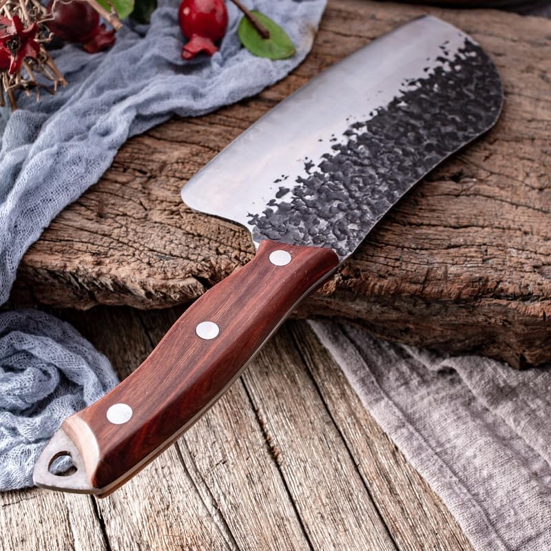 Meat Cleaver,Cleaver Knife 7 Inch Chinese Chef Knife 9Cr18MoV 3 Layers Clad Steel Slicing Cleaver Handmade Forged Kitchen Knives Cooking Tools
