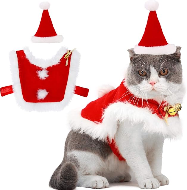 Outgeek Cat Christmas Costume Adjustable Cute Santa Pet Cape Cat Santa Clothes with Bells Xmas Outfit for Dogs Cats Sweet Gift