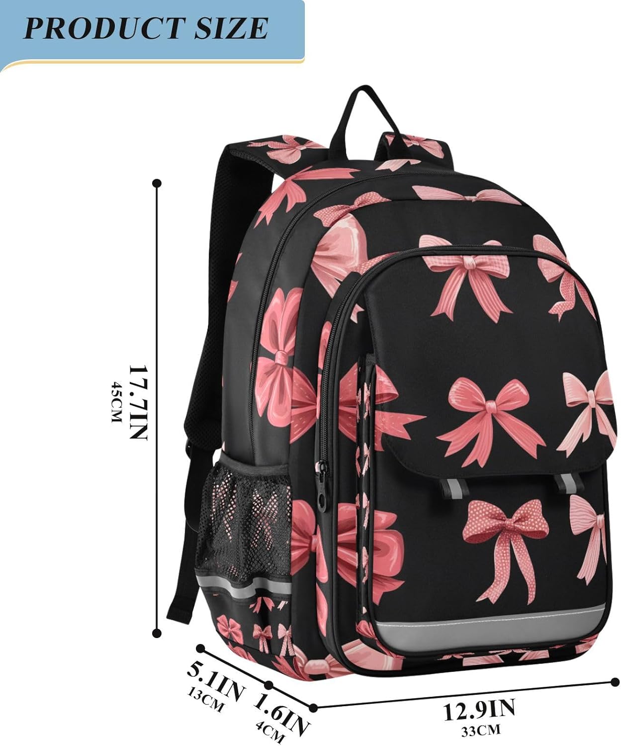 Pink Bow Black Laptop Backpack Purse for Women Men School Bag 17 Inch Bookbag Student Boys Girls Travel Casual Daypack