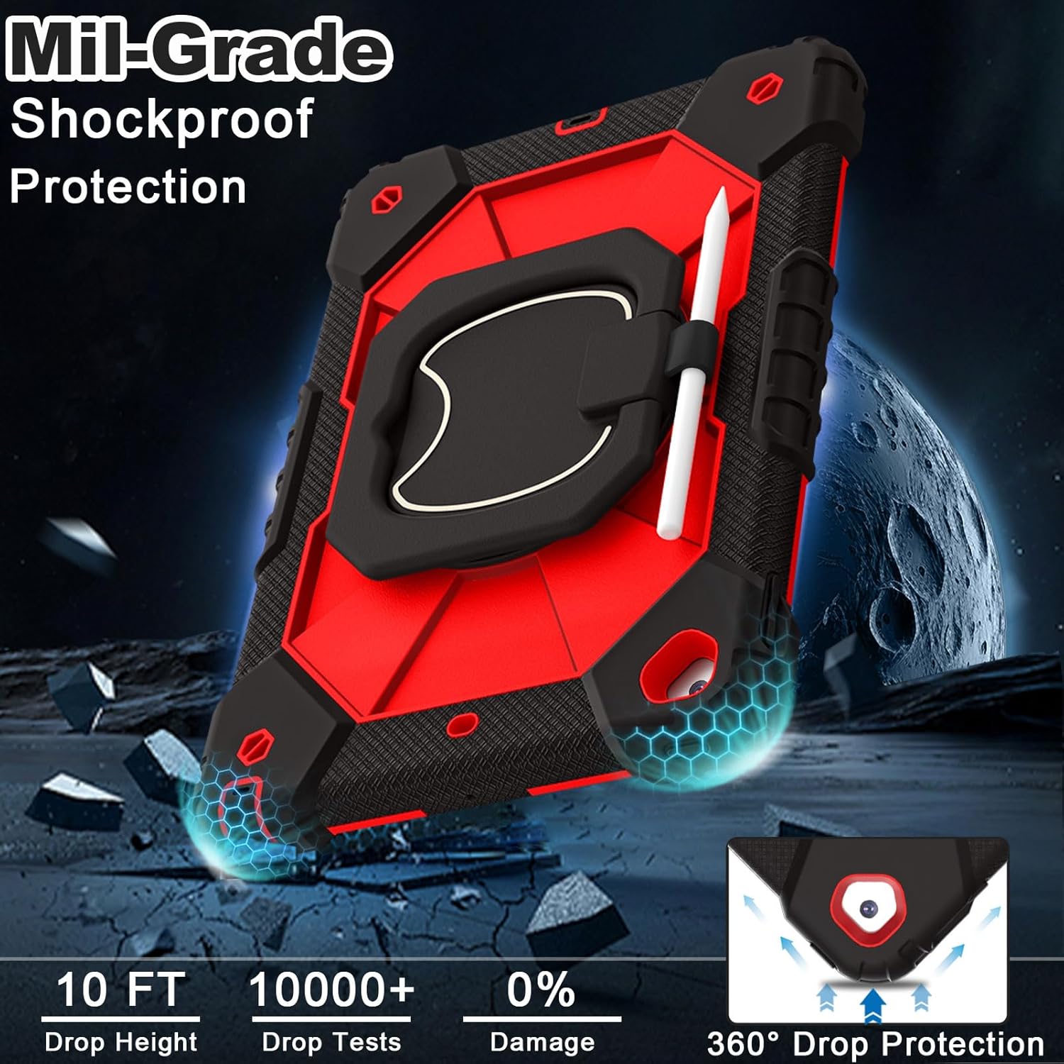 WESOROL Case for iPad 9th/8th/7th Generation 10.2 Inch (2021/2020/2019),Full-Body Drop Protection 9th Generation iPad Case with Rotating Stand Screen Protector Pencil Holder Holde,Black Red