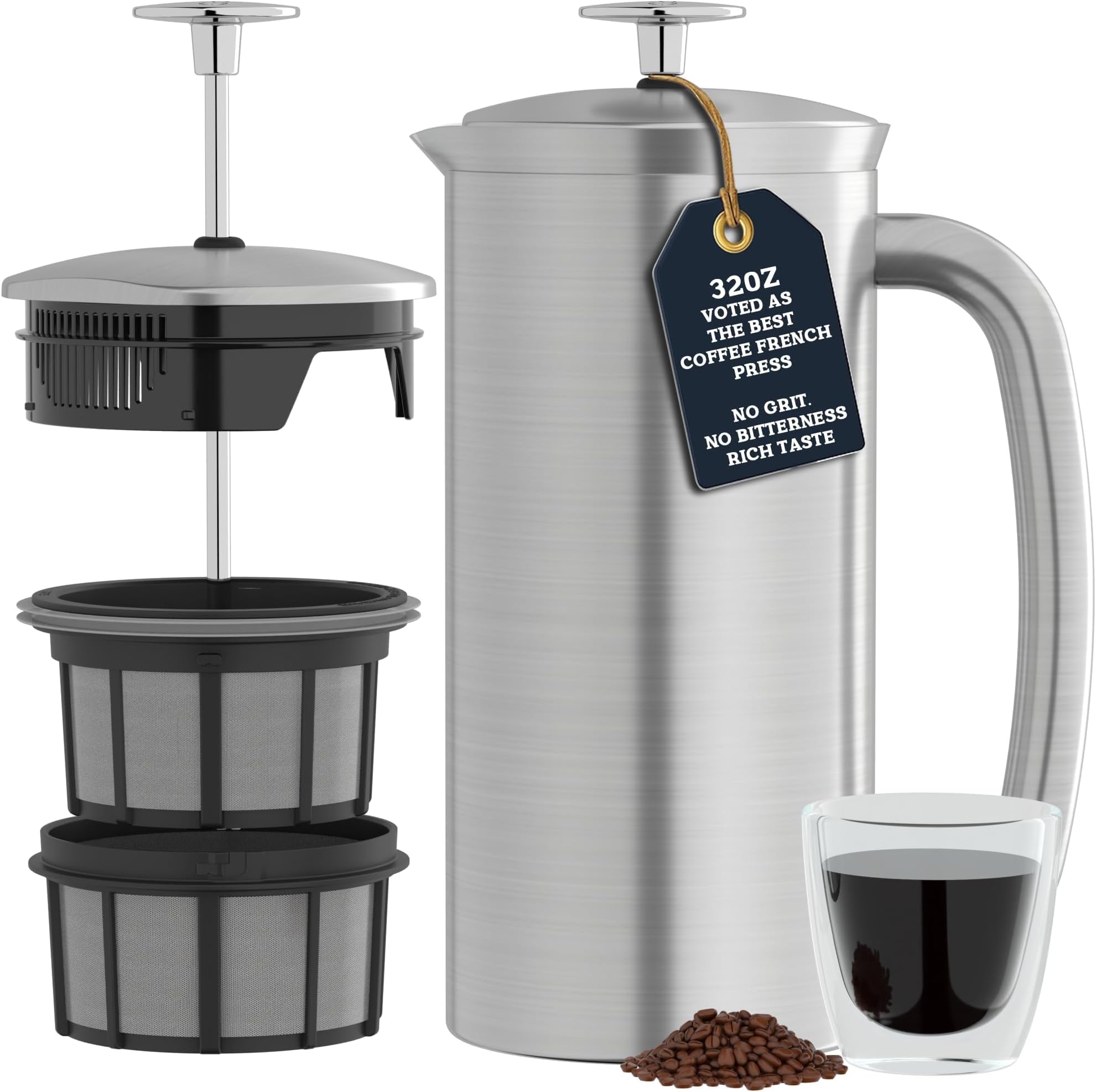 Pro P7 Brushed Stainless Steel 304 French Press Coffee Maker for Dad, Patented Double Walled Micro-Filter, Insulated Grit-Free Brew, Heat Resistant BPA Free, 32oz