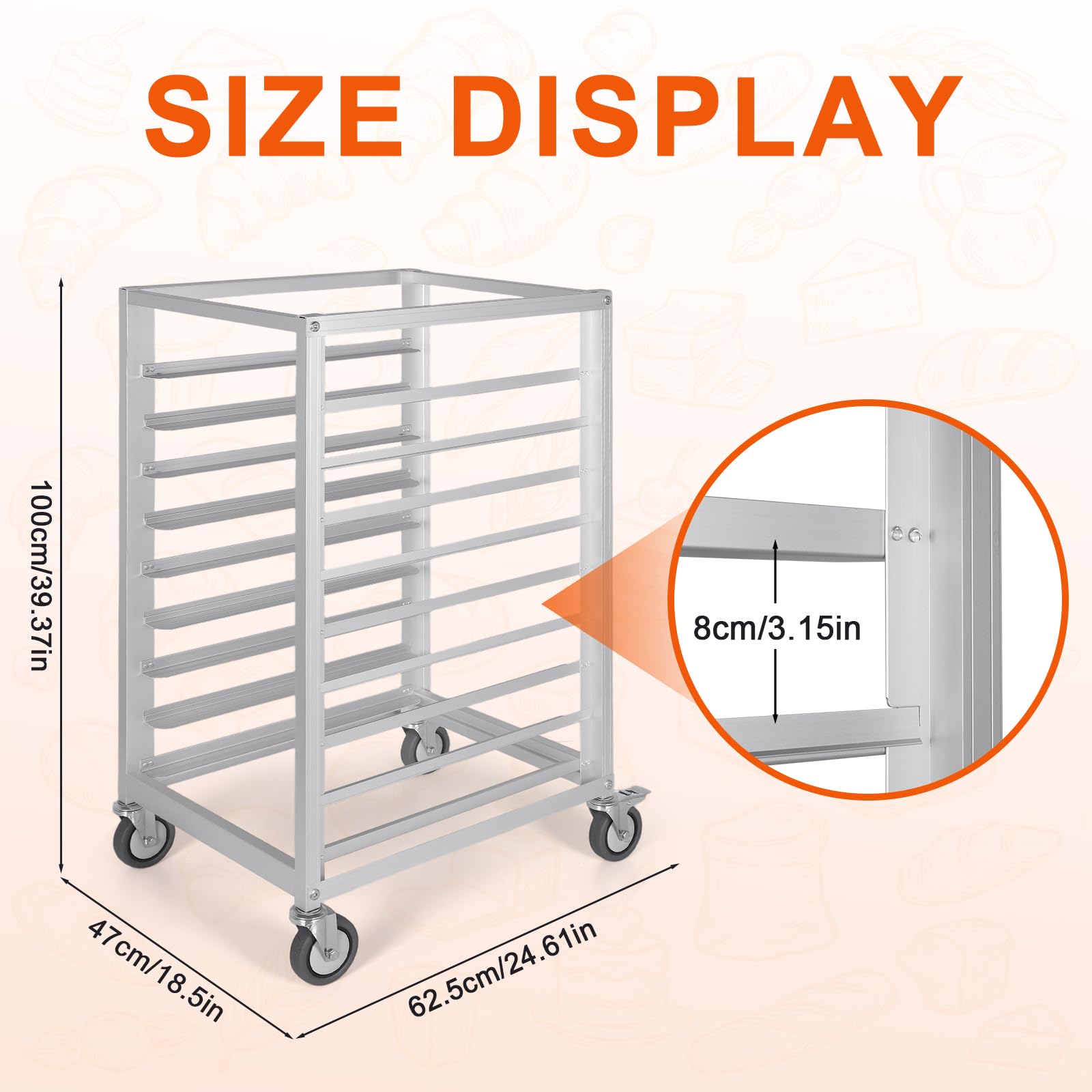 Estante de aluminio de 9 niveles con espacio de 3 pulgadas para el hogar, cocina comercial, panadería, panadería, con ruedas de freno, bandeja de cocina comercial, para restaurante, cafetería