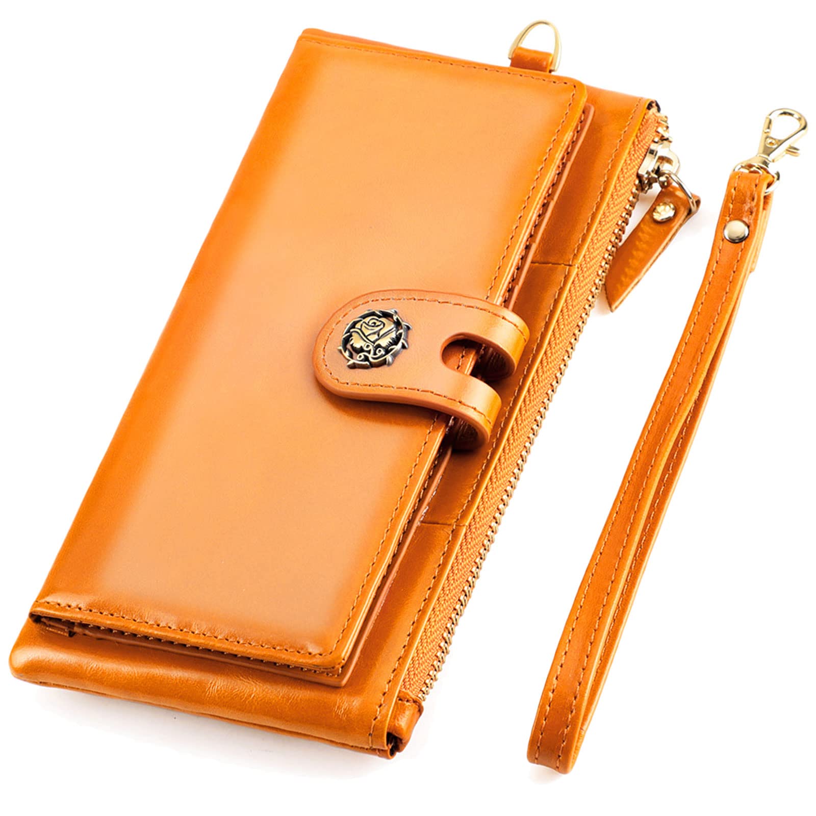 Large Capacity Wristlet Wallet for Women Oil & Wax Genuine Leather Phone Wallet RFID Blocking Card Holder Clutch for Ladies (Brown)