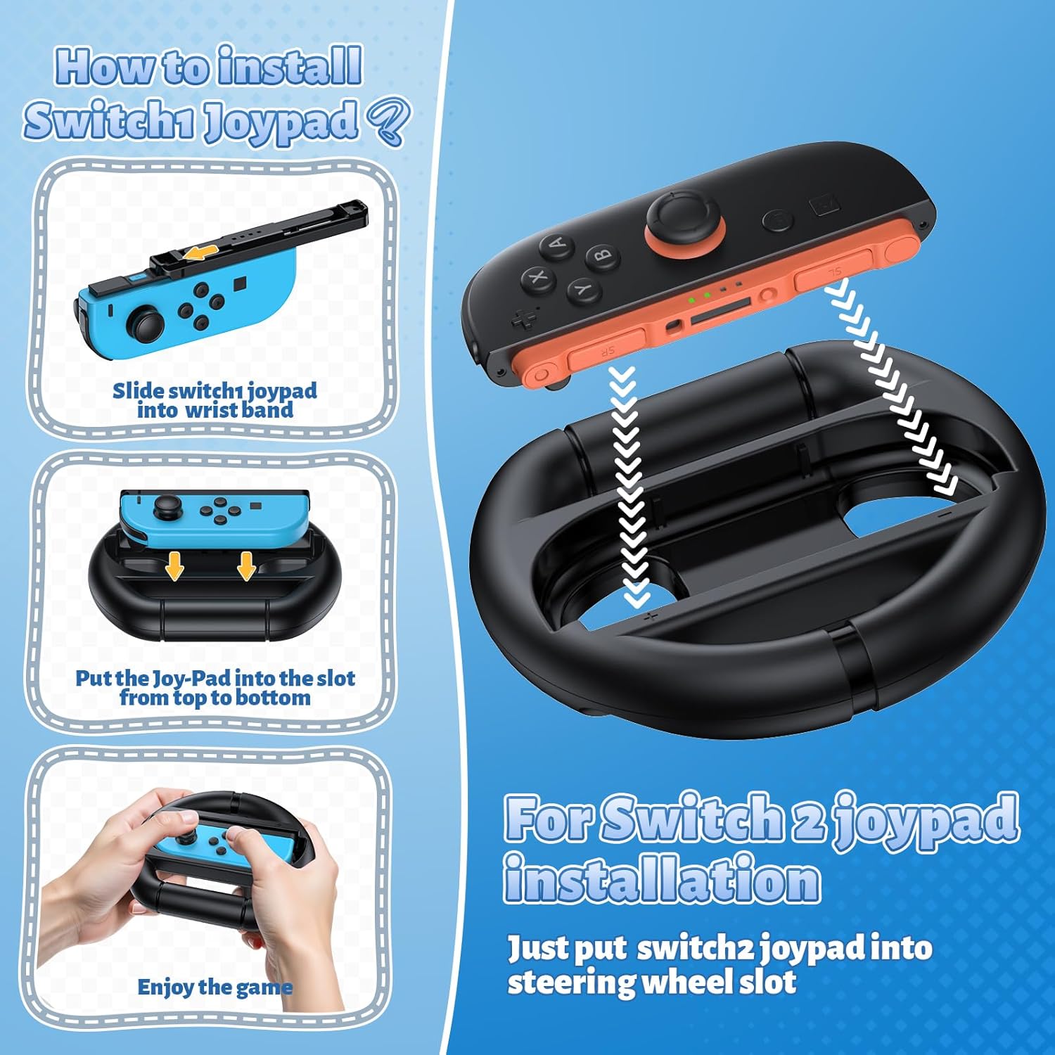 FASTSNAIL [Switch 1/2 Compatible] Steering Wheels for Nintendo Switch 2/1/OLED for Joy-Con 2, Racing Wheels for Mario Kart World/8 Deluxe Gaming, Universal Joypad Wheels 2 Pack (Black,Black) - Image 6