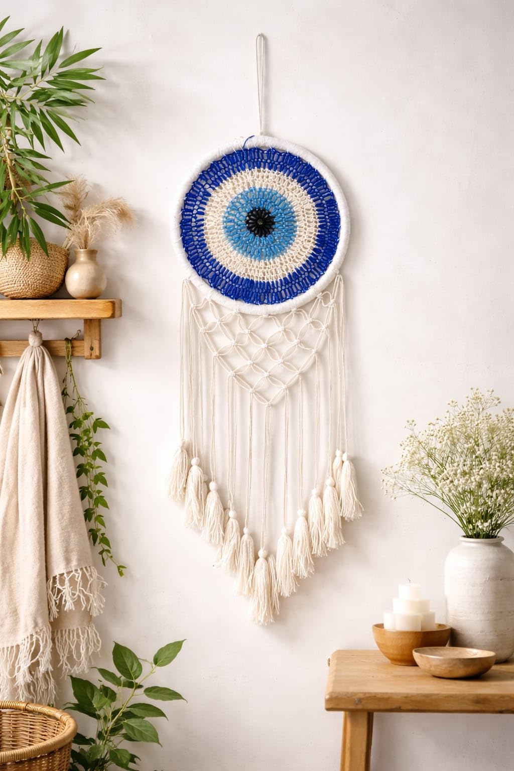 FEATHRA Handmade Blue & White Evil Eye Dream Catcher Wall Hanging | Boho Macrame Dreamcatcher for Home Decor, Bedroom, Living Room & Gift-image-36