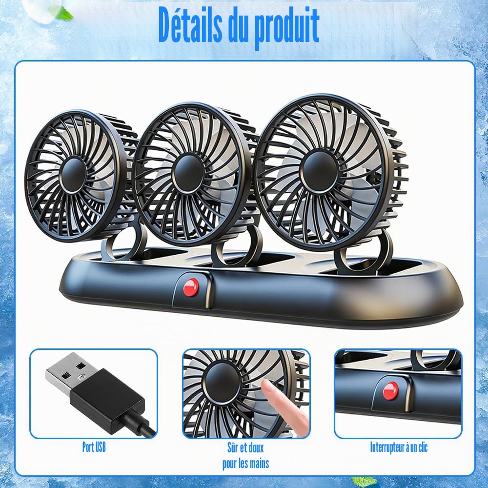 Ventilateur de voiture 12 V, ventilateur de voiture avec 3 vitesses, ventilateur de voiture portable rotatif à 360 °, ventilateur de voiture 12 V, ventilateur à trois têtes pour voitures, vans