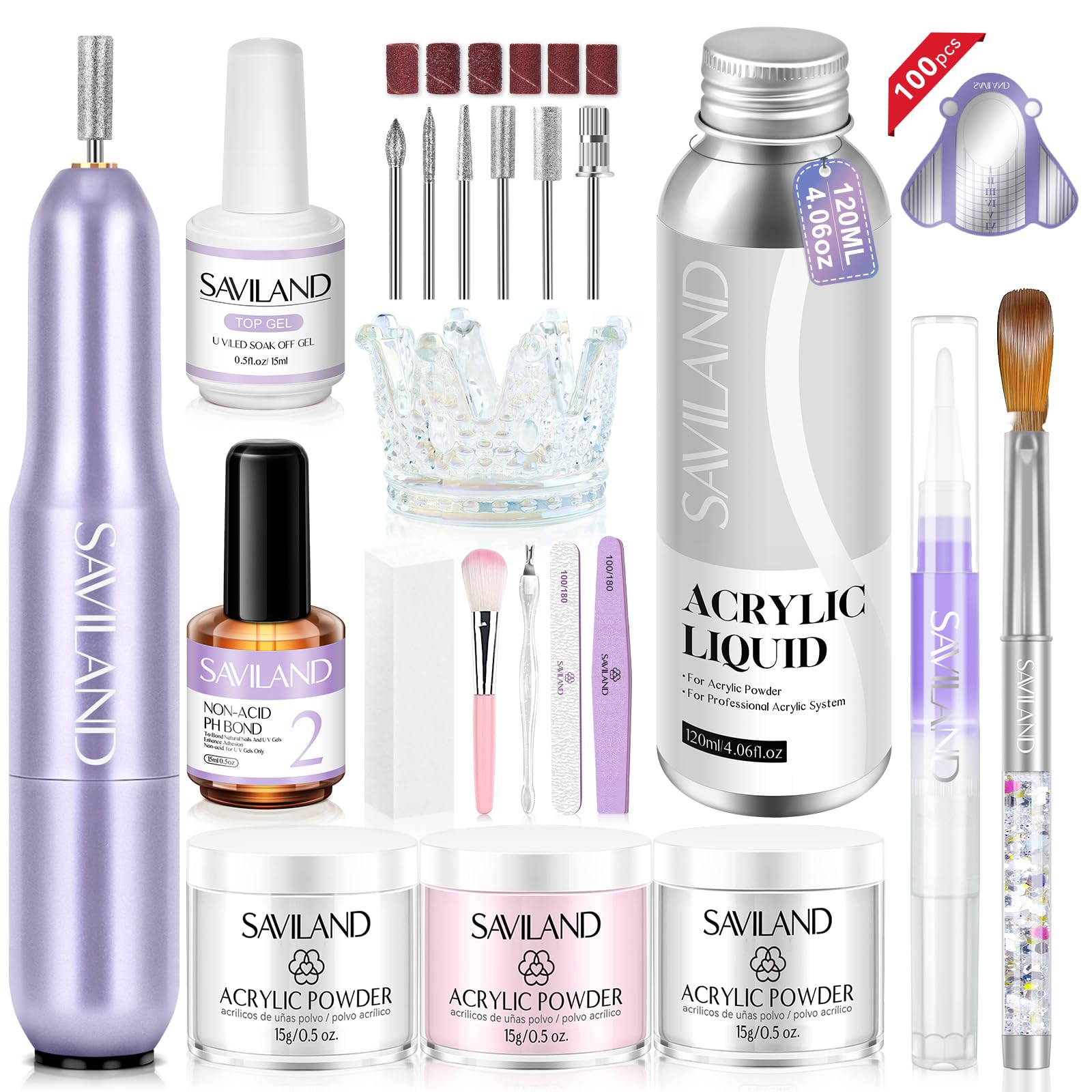 SAVILAND Acrylic Nail Kit with Drill: Professional Salon Nails Kit with Everything Acrylic Powder and Liquid Set Nail Brush Forms Top Gel & Manicure Tools Kit for DIY Extension Carving Home Use