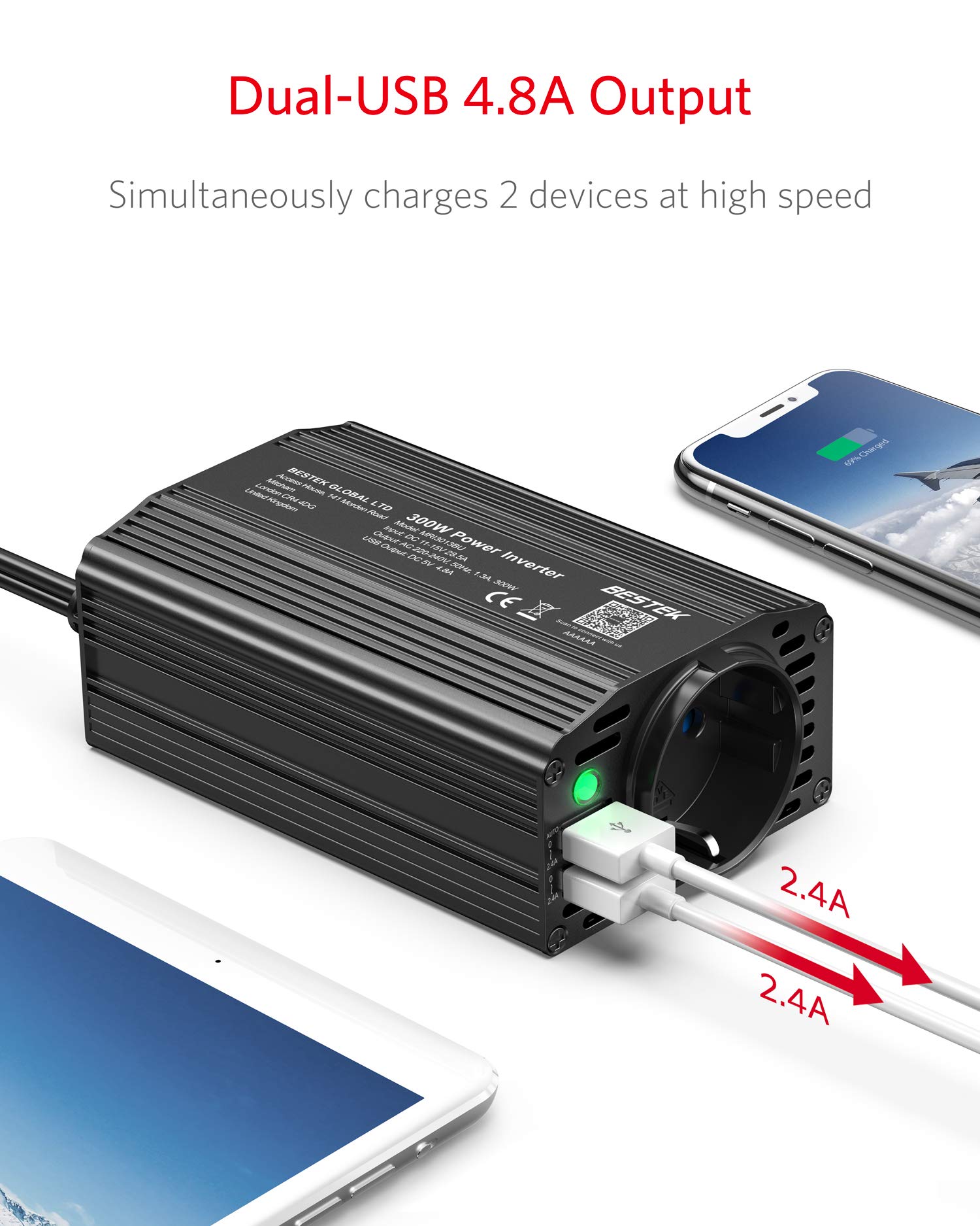 BESTEK Falownik 300 W / przetwornica napięcia 12 V 230 V / przetwornica prądowa 12 V na 230 V / z certyfikatem i podwójnym USB 4,8 A z wtyczką do zapalniczki samochodowej, kolor czarny