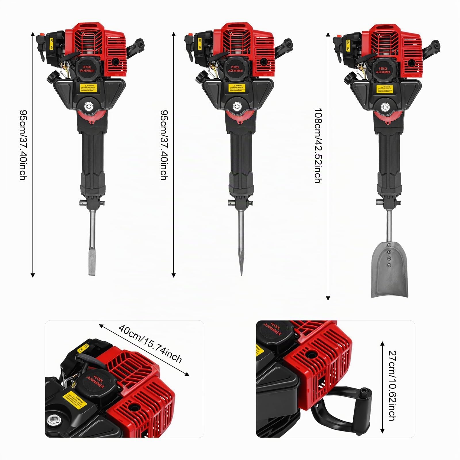 Martillo de demolición de gasolina, 1900 W, 55 J de fuerza de impacto, martillo cincelador con motor de 2 tiempos, 6500 r/min, incluye cincel de punta, cincel plano y herramientas