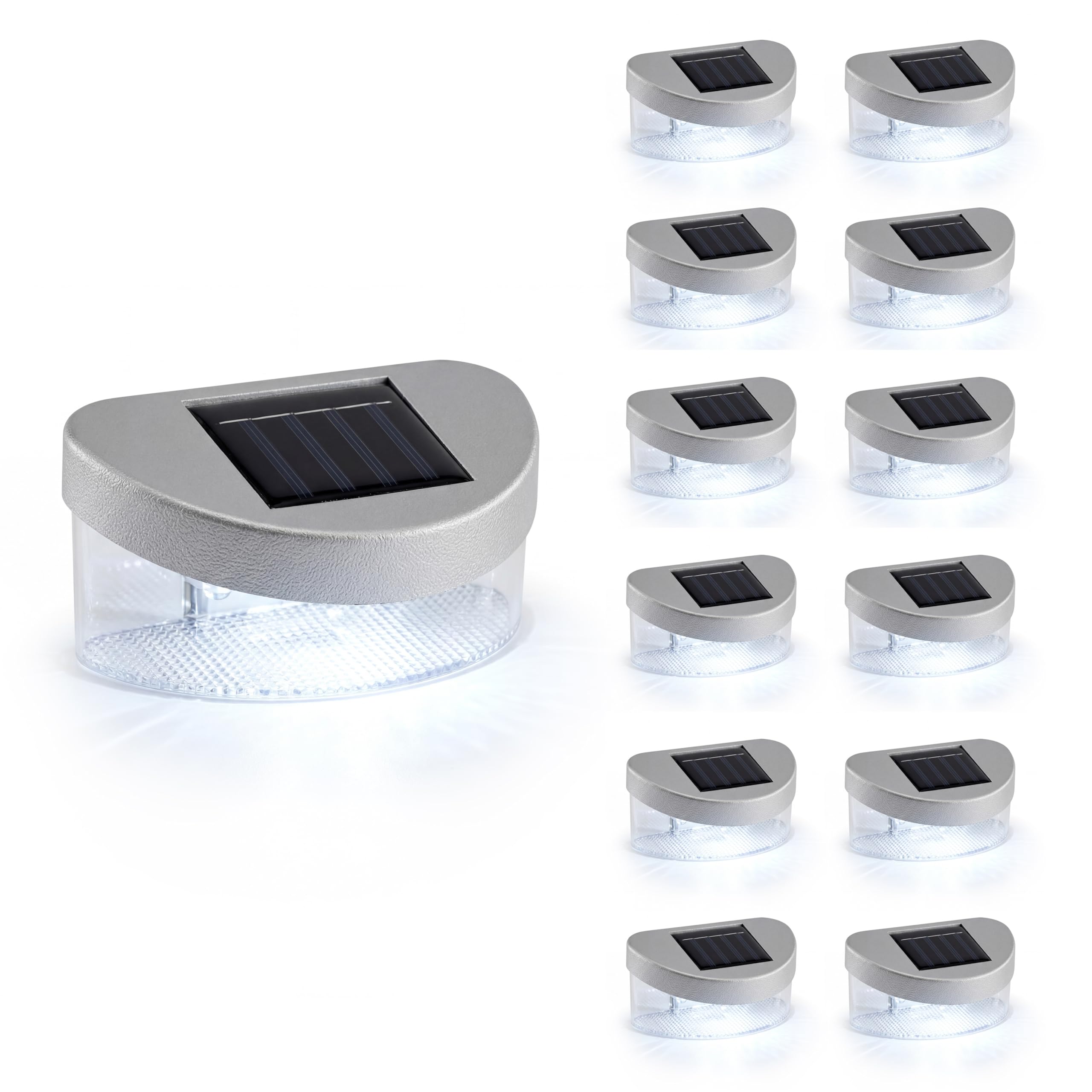 Geezy 12 X Silver Solar Deck Light Solar Fence Lights, Set Of 12 - Silver Waterproof Pathway Wall Lamp With Bright White Leds & Dusk To Dawn Sensor - Outdoor Security Garden Fence Solar Lights, Patio Decoration & Deck Lighting