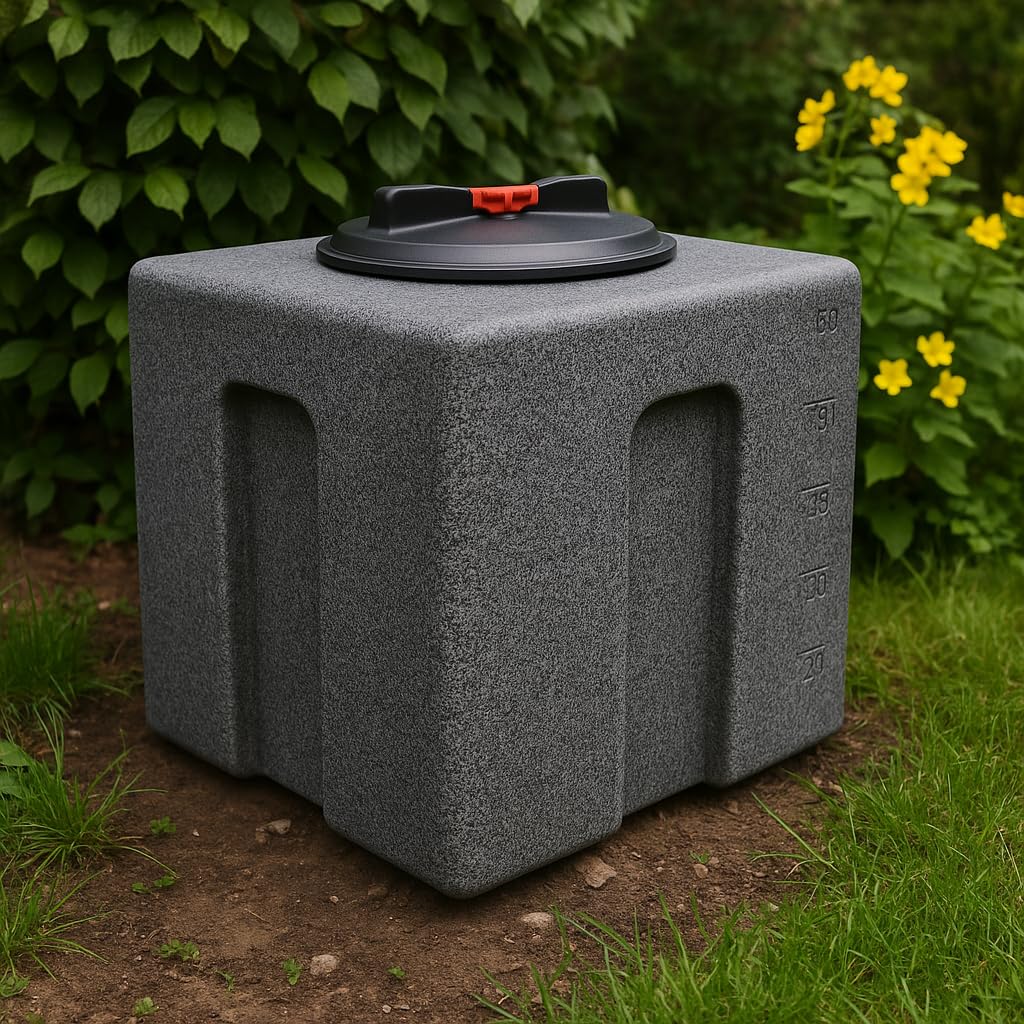 KMND Wassertank 60 Liter Kunststoff Wasserbehältet Regentonne - Marmoriert | Lebensmittelechtes Polyethylen, UV- Frostbeständig, für Garten, Wohnmobil, Futtertonne Eckig, Camping & Notvorrat, Made in EU