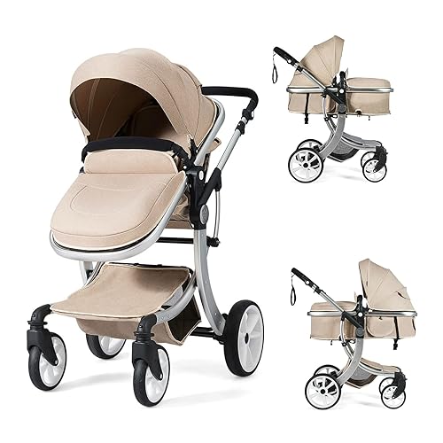 HONEY JOY Cochecito de bebé, cuna convertible de paisaje alto, toldo y respaldo ajustables, cesta de almacenamiento, cubierta para pies, cochecito