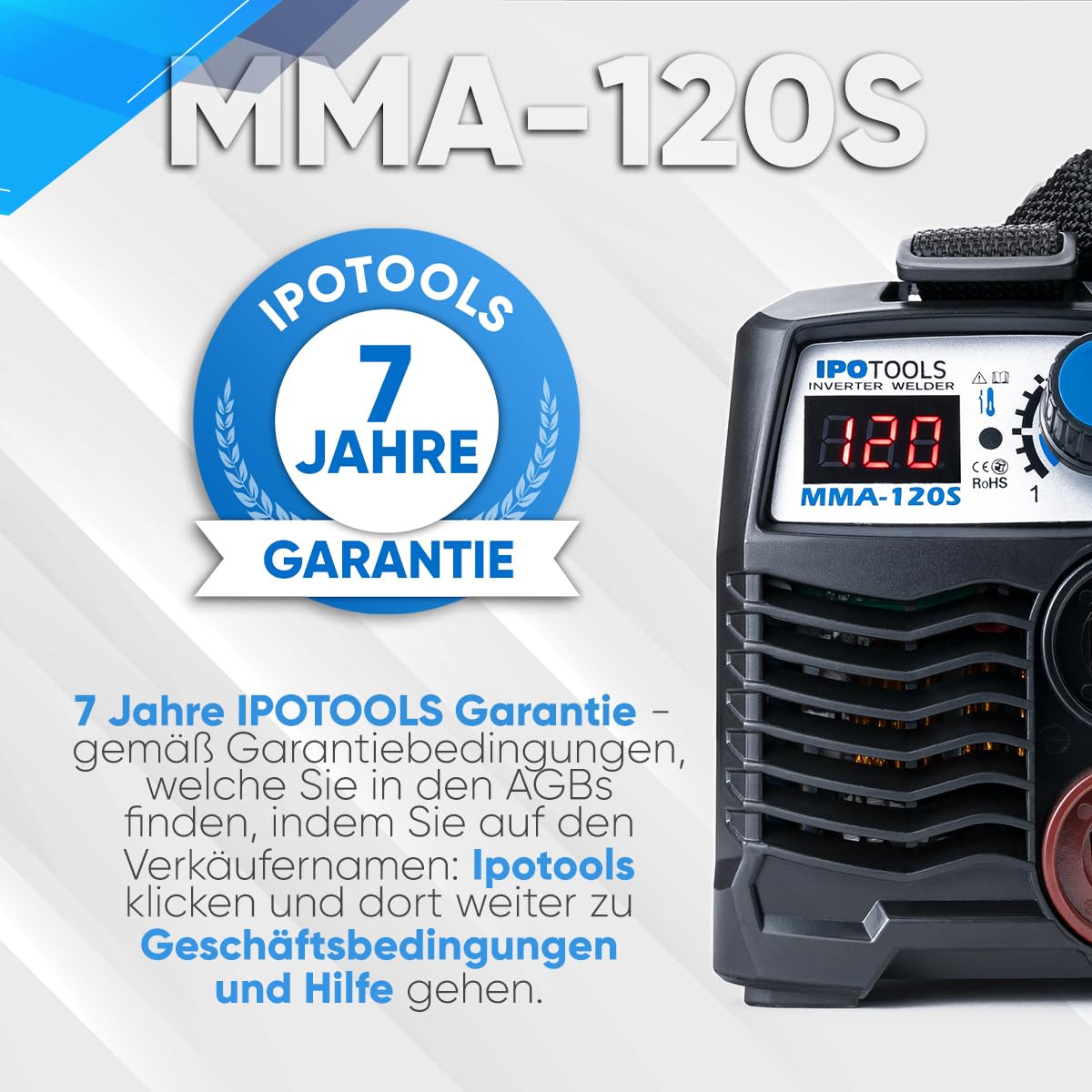 IPOTOOLS MMA-120S Elektroden Schweißgerät 120A - Mini Elektro Inverter Schweissgerät MMA/E-Hand mit LCD Anzeige, Anti-Stick, 230V, 7 Jahre Garantie