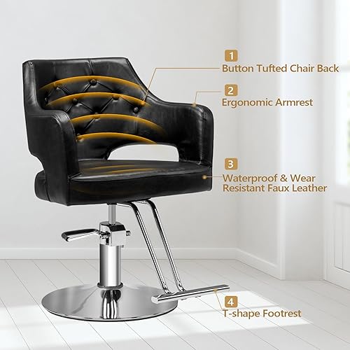 Vista 45 de OmySalon Sillas de peluquería para peluquería silla de estilo negro dorado, silla de salón para estilista, Bomba hidráulica resistente, 360° Oro
