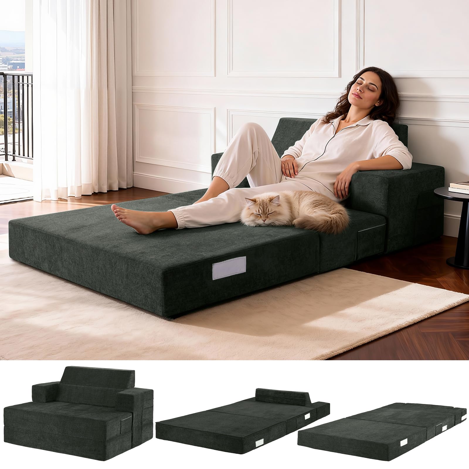 4-in-1 Schlafsofa 100 x 200 cm – Schlafsessel mit Bettfunktion, klappbares Bettsofa, Faltbare Schlafcouch mit schrägen Rückenkissen & separatem Kissen, waschbarer Bezug, Grau