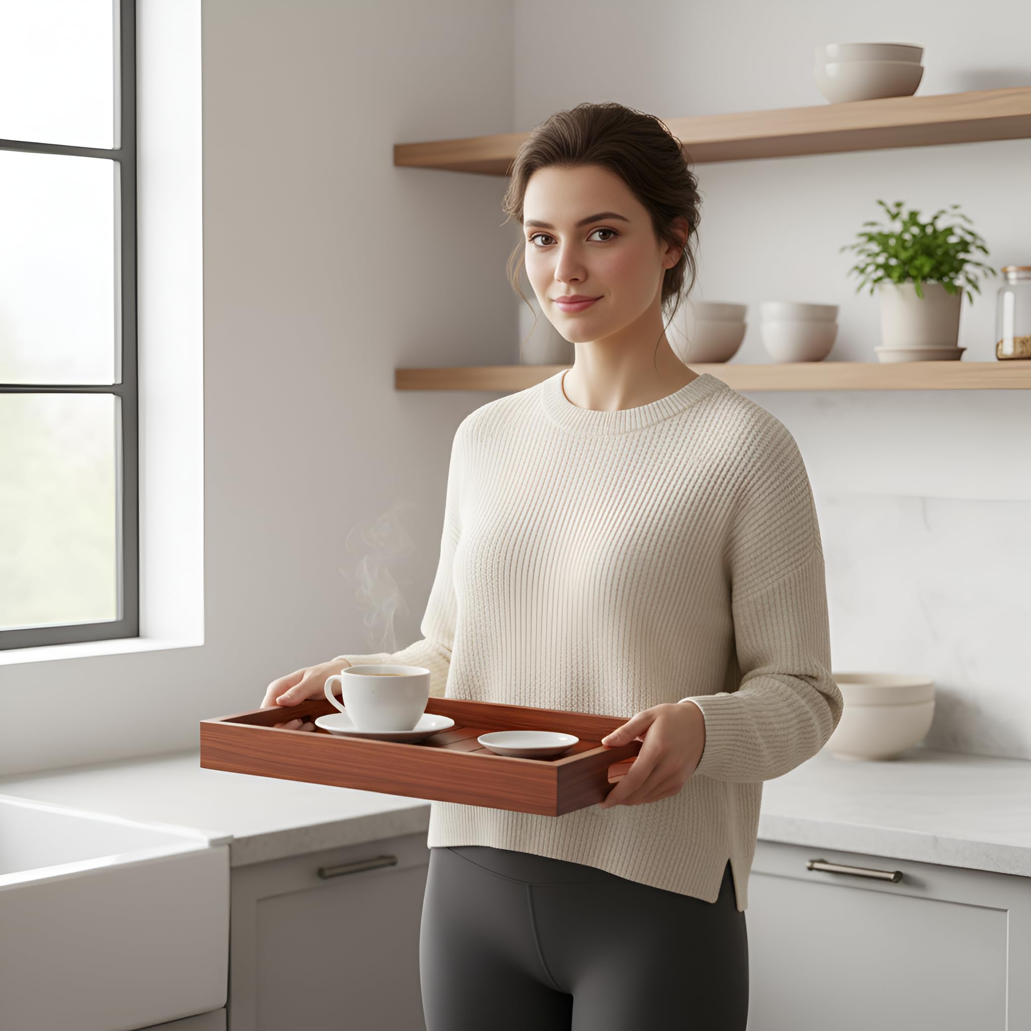 Sheesham Vassoio da portata in legno per tavolo da pranzo rettangolare vassoio per colazione caffè vassoio da portata decorazione da tavolo, regali, confezione da 1 vassoio grande