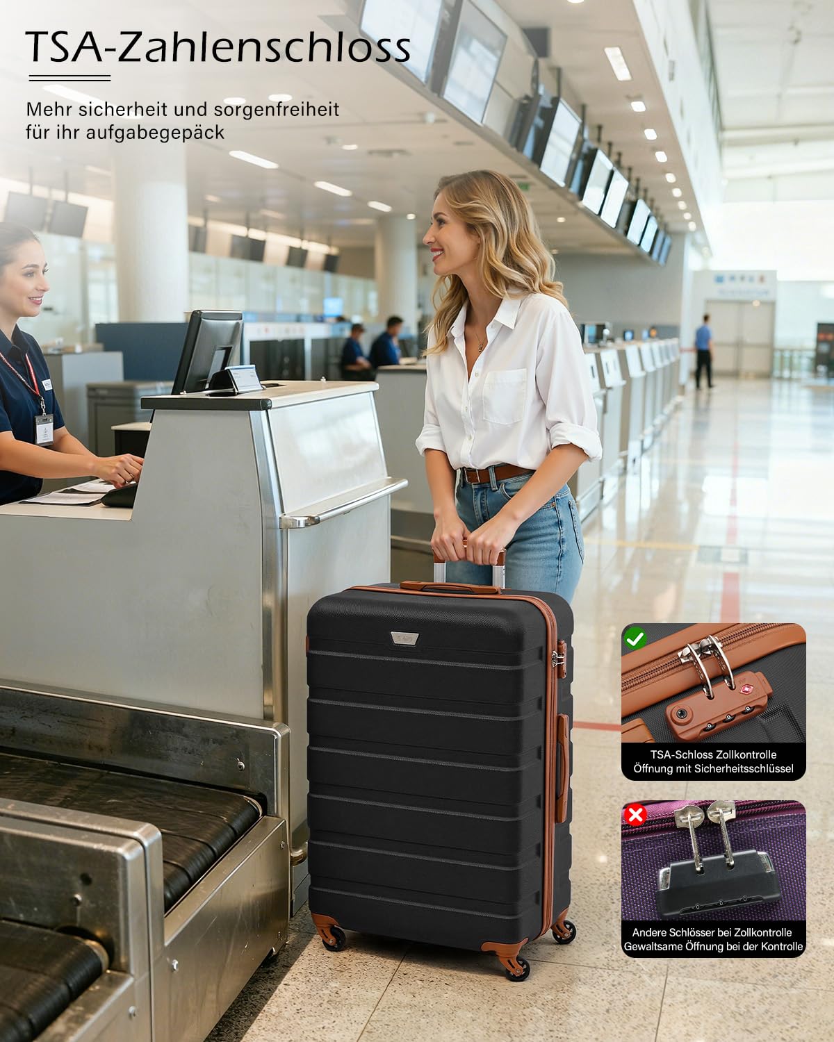 COOLIFE Walizka ultralekka i pojemna twarda walizka, zamek szyfrowy z TSA, 4 kółka ułatwiające transport, ciemnobrązowy, 67cm, nowoczesny