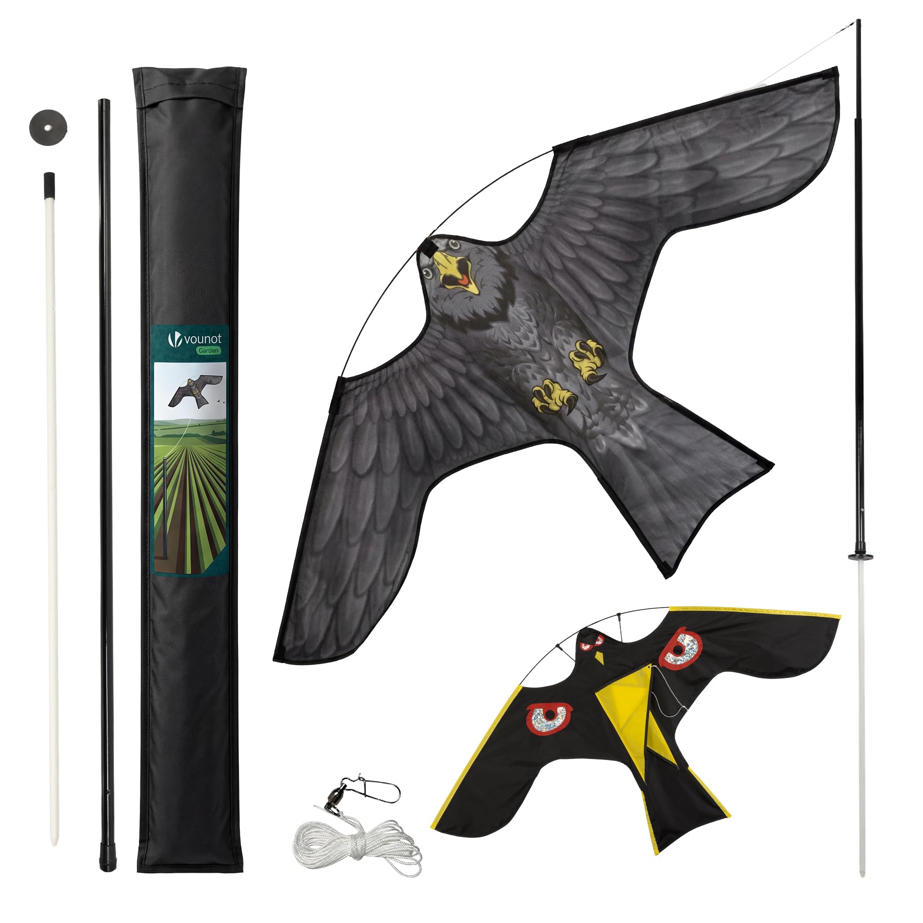 VOUNOT® Vogelschreck Drachen, Vogelabwehr Falke Flugdrachen realistisch mit 4 m Teleskopstange, Vogelbekämpfung und zum Schutz der Ernte für Garten, Bauernhof & Feld, 2 Stück, Stil D & G